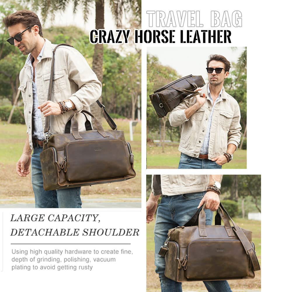 Premium Crazy Horse Leather Travel Duffel Bag for Men - Large Weekender Overnight Gym Sports Carry On Bag - Perfect for Business Trips, Gym Workouts & Weekend Getaways