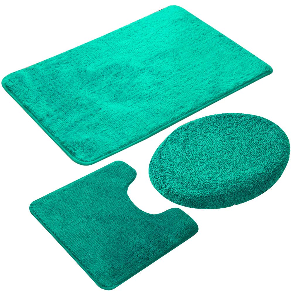 Premium 3-Piece Bathroom Rug Set - Soft Shaggy Non-Slip Bath Mats with U-Shaped Mat & Toilet Cover (Green) | Cozy Floor Mats for Bathroom, Shower & Vanity Area