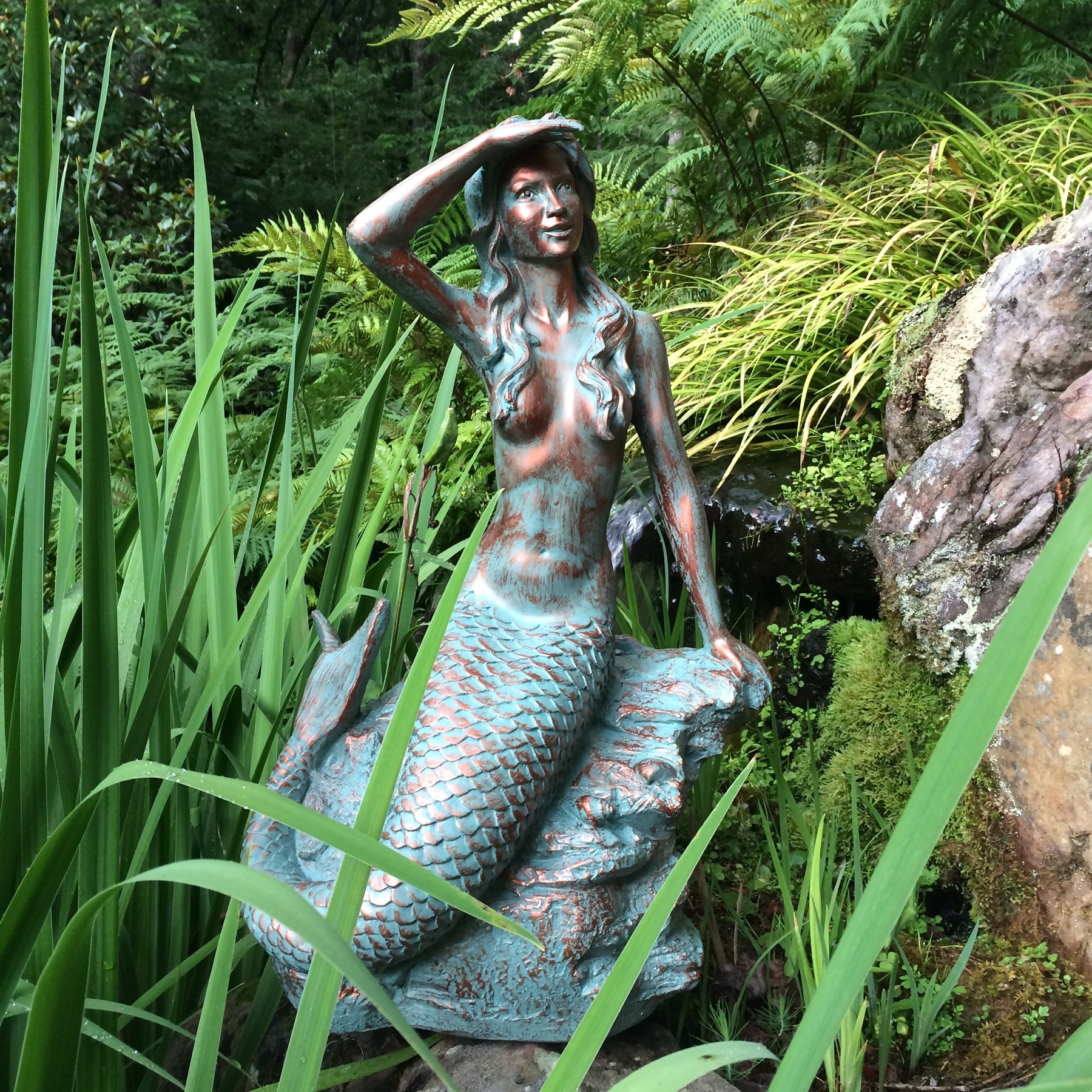 HomeStyles Medium Classic Beach Mermaid on Rock Statue 99371 - 23 Inch Bronze Patina Outdoor Garden Decor for Poolside, Patio & Coastal Themed Spaces