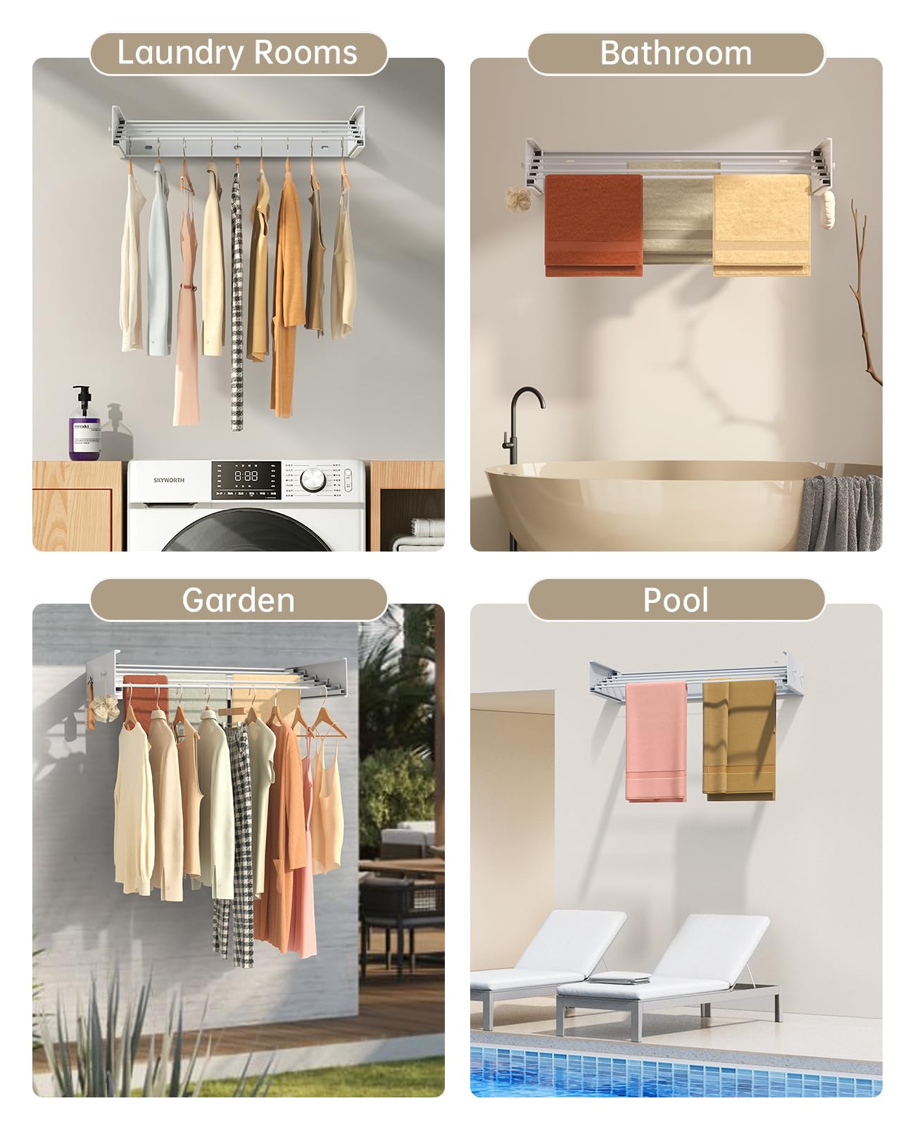 Upgrade 4 Hooks Wall Mounted Collapsible Laundry Drying Rack - 24