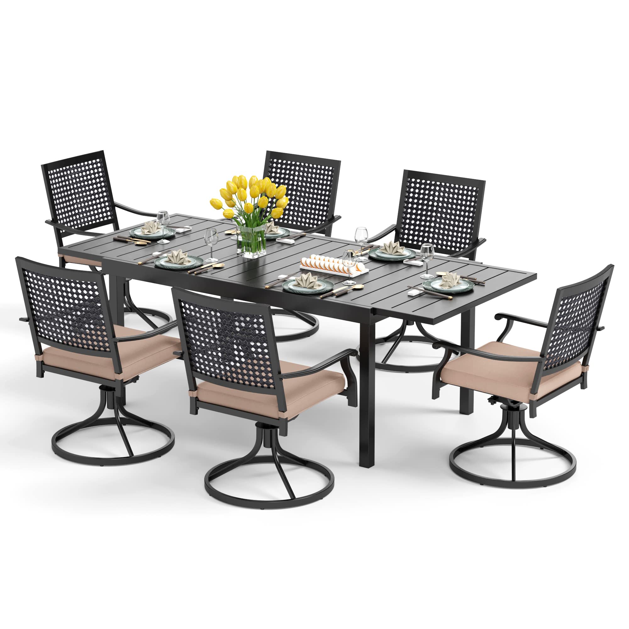 PHI VILLA 7-Piece Outdoor Patio Dining Set - Extendable Metal Table & 6 Swivel Chairs with Cushions - Perfect for Bistro, Backyard, Garden, Poolside & Outdoor Entertaining