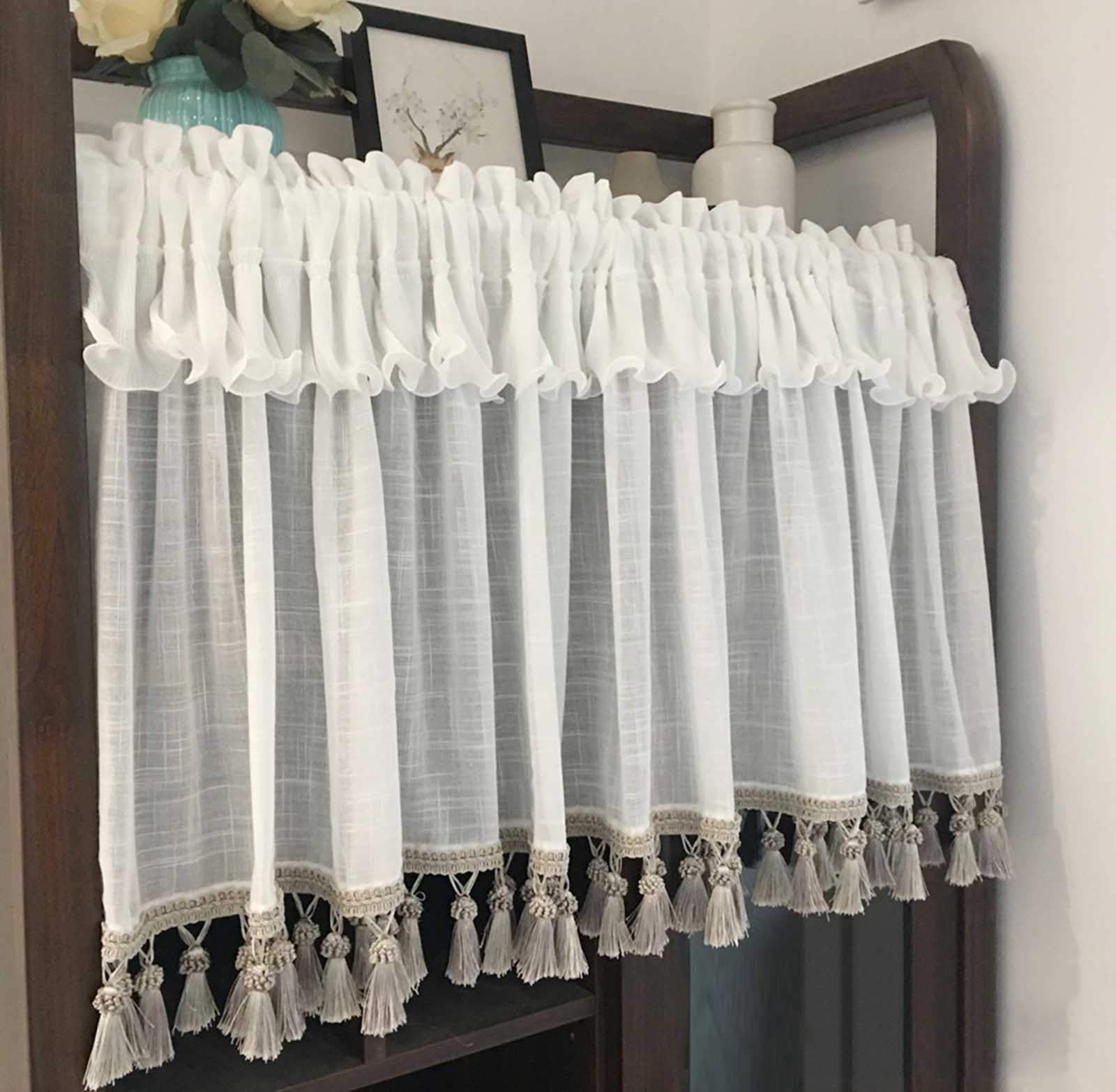 Dhdfj Jgh Small Curtains 24in - Elegant White Half Curtain with Ruffles & Tassels for Kitchen & Cafe - 60cm American Coffee Style Window Treatment - Perfect for Farmhouse, Bistro & Cozy Home Decor