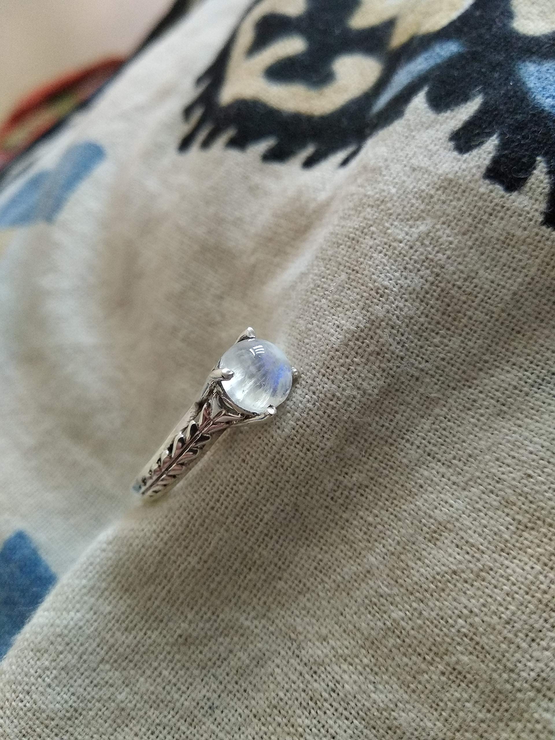 Moonstone Ring - 925 Sterling Silver Prong Solitaire Ring with Genuine Healing Crystal | Dainty Blue Flashy Vintage Jewelry | Christmas Gift for Her, Birthday Present, Anniversary Jewelry, Spiritual Healing Accessory