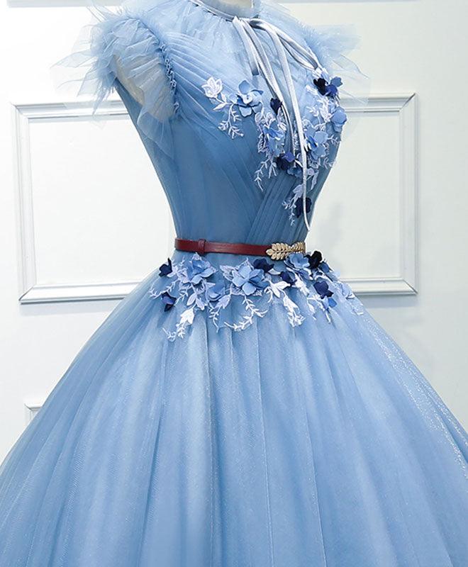 Elegant Blue High Neck Tulle Long Prom Dress | Formal Evening Gown for Women | Perfect for Homecoming, Ball, Wedding & Special Occasions