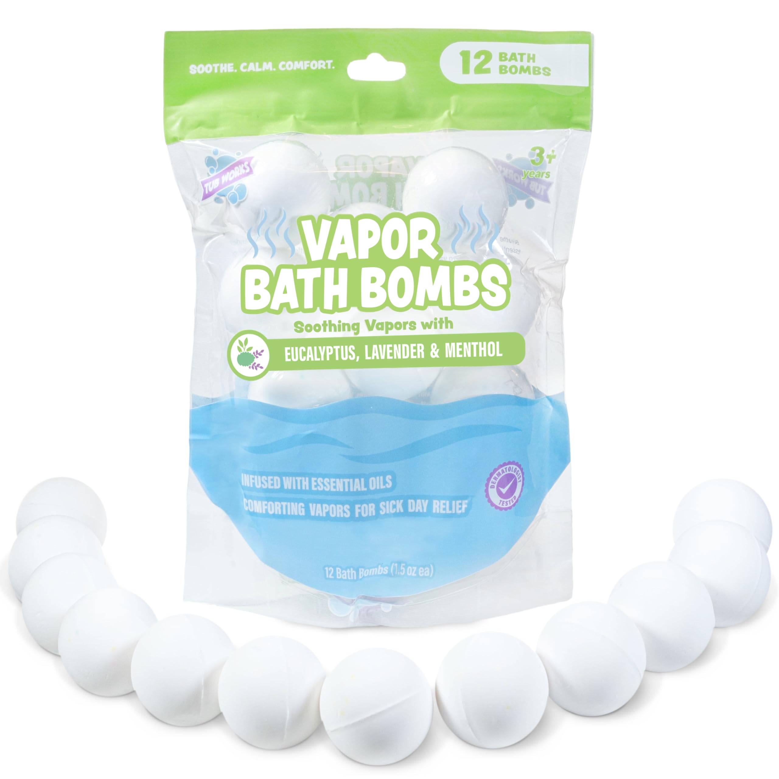 Tub Works® 12-Pack Vapor Bath Bombs for Toddlers & Kids | Natural Essential Oils Aromatherapy | Eucalyptus & Lavender Bath Bombs with Menthol for Cold, Flu & Congestion Relief | Relaxing Bath Time for Kids & Soothing Nighttime Routine