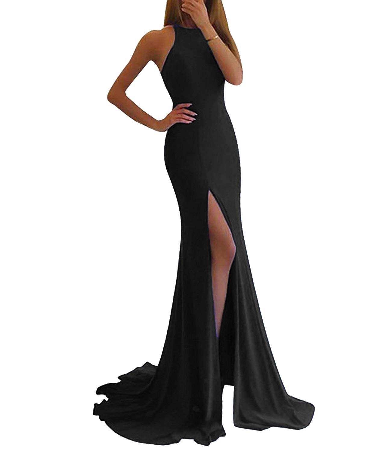 Elegant Women's Sheer Neck Mermaid Prom Dress 2020 - Long Formal Evening Gown with High Slit for Homecoming, Ball, Wedding & Special Occasions