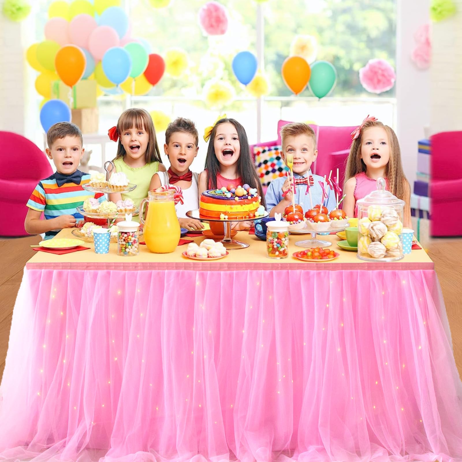Albassa Pink Tulle Table Skirt with LED Lights - 9ft Long x 30in High Tutu Table Cover for Rectangle or Round Tables | Perfect for Baby Showers, Birthday Parties, Wedding Receptions & Cake Table Decorations