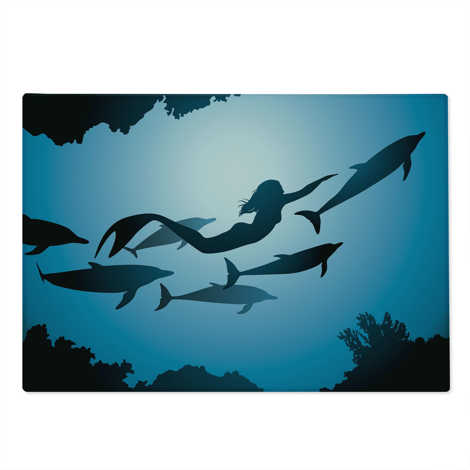 Ambesonne Underwater Themed Tempered Glass Cutting Board - Mermaid & Dolphins Sea Life Design, Large Blue Black Petrol Serving Board for Kitchen & Dining - Perfect for Seafood Meals, Charcuterie Platters & Home Decor