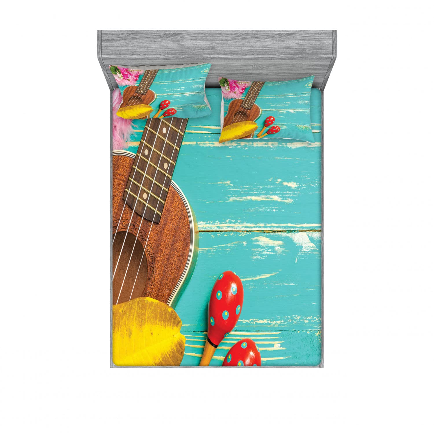 Ambesonne 2-Pack Queen Size Fitted Sheet Set with 4 Pillow Shams - Hawaiian Summer Ukulele Design in Yellow, Brown & Aqua - Soft Bedding for Beach House, Vacation Rental or Tropical Bedroom Decor