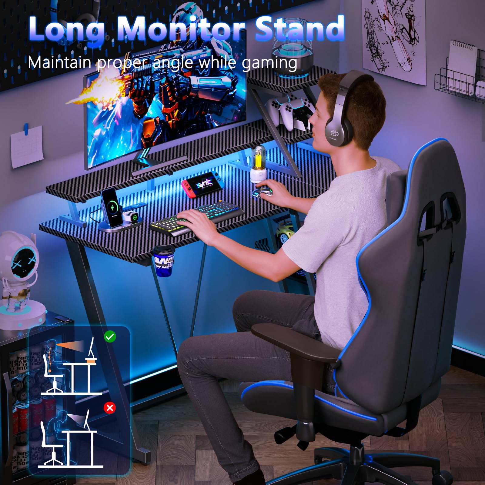 40 Inch LED Gaming Desk with Power Outlet & Storage Shelves - L-Shaped Carbon Fiber Computer Desk with Monitor Stand | Perfect for Small Spaces, Bedrooms & Gaming Setups