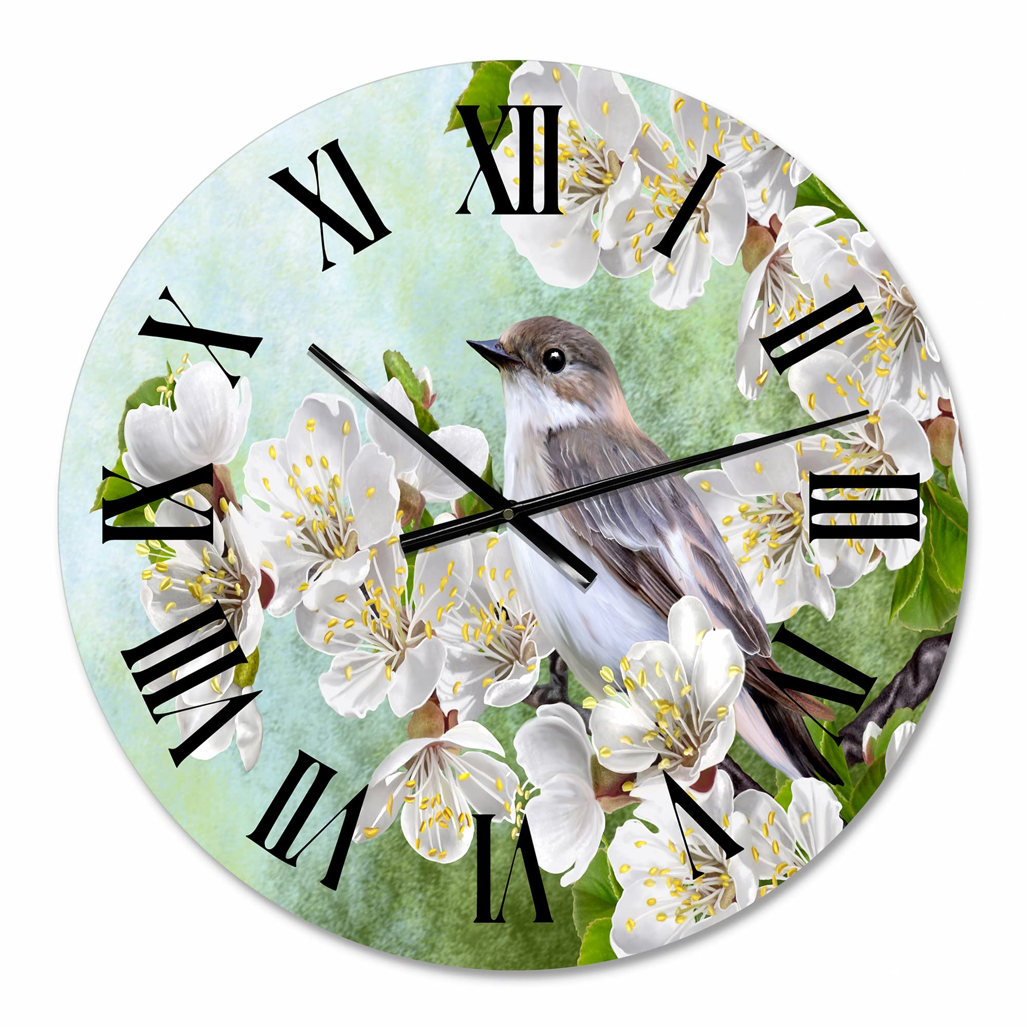 DesignQ Large Traditional Wall Clock - Gray Bird on Blossoming Tree Branch, Silent Non-Ticking, Perfect for Bedroom, Living Room & Office Decor (12/15/18 Inch)