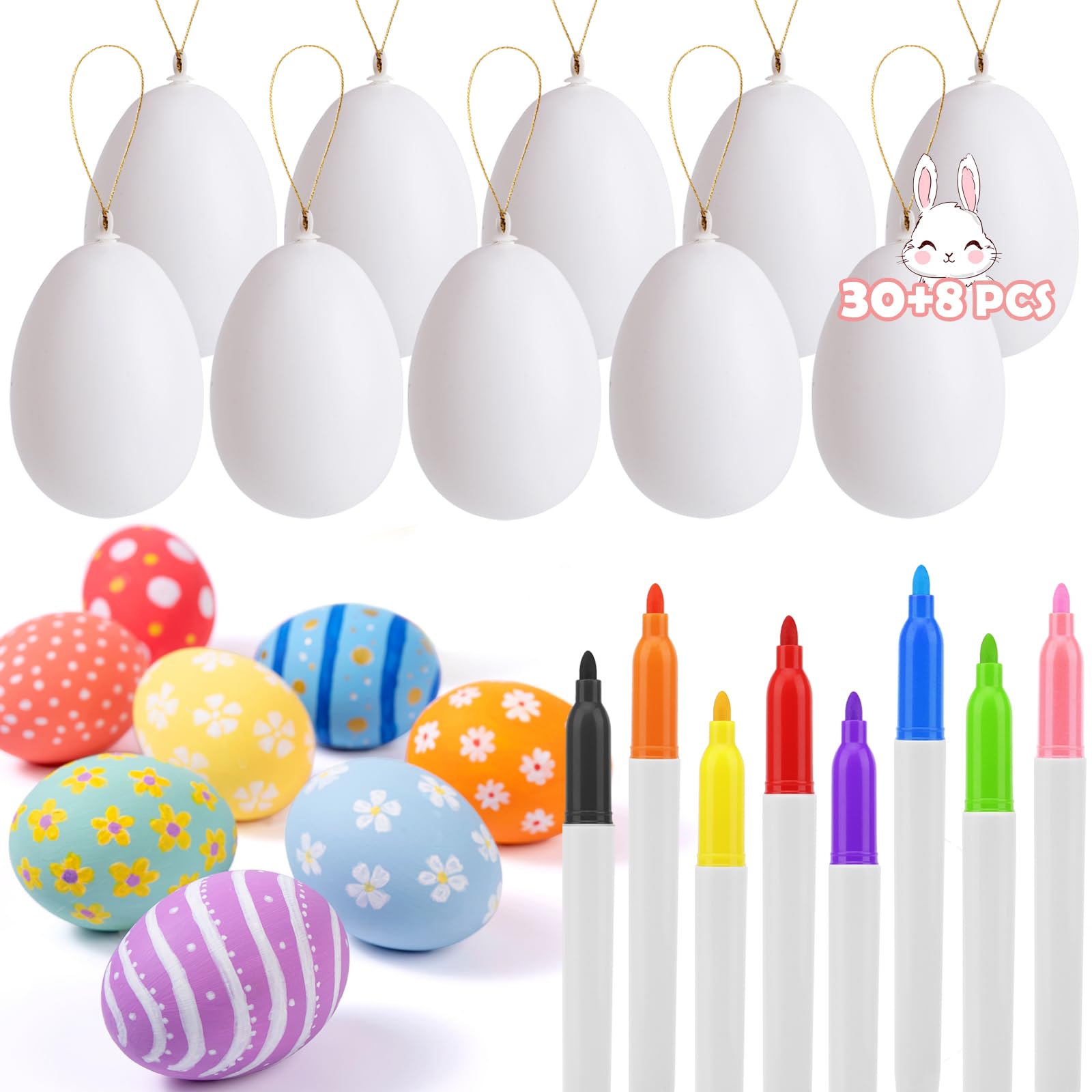30 Pcs DIY Easter Eggs with 8 Pens - White Plastic Easter Eggs with Rope for Kids Crafts, Easter Party Favors & Classroom Prizes - Perfect for Easter Egg Decorating, Kids Activities & Holiday Gifts