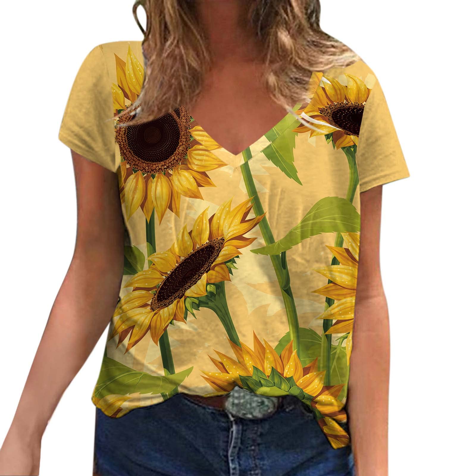 Women's Black Floral Print V-Neck Short Sleeve Loose Casual T-Shirt - Summer Sunflower Blouse for Beach, Vacation & Everyday Wear