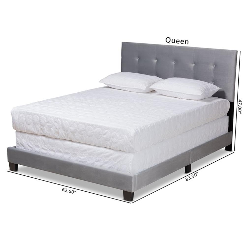 BOWERY HILL Grey Upholstered Queen Size Panel Bed Frame - Modern Upholstered Platform Bed with Wooden Slats - Perfect for Master Bedroom, Guest Room & Apartment