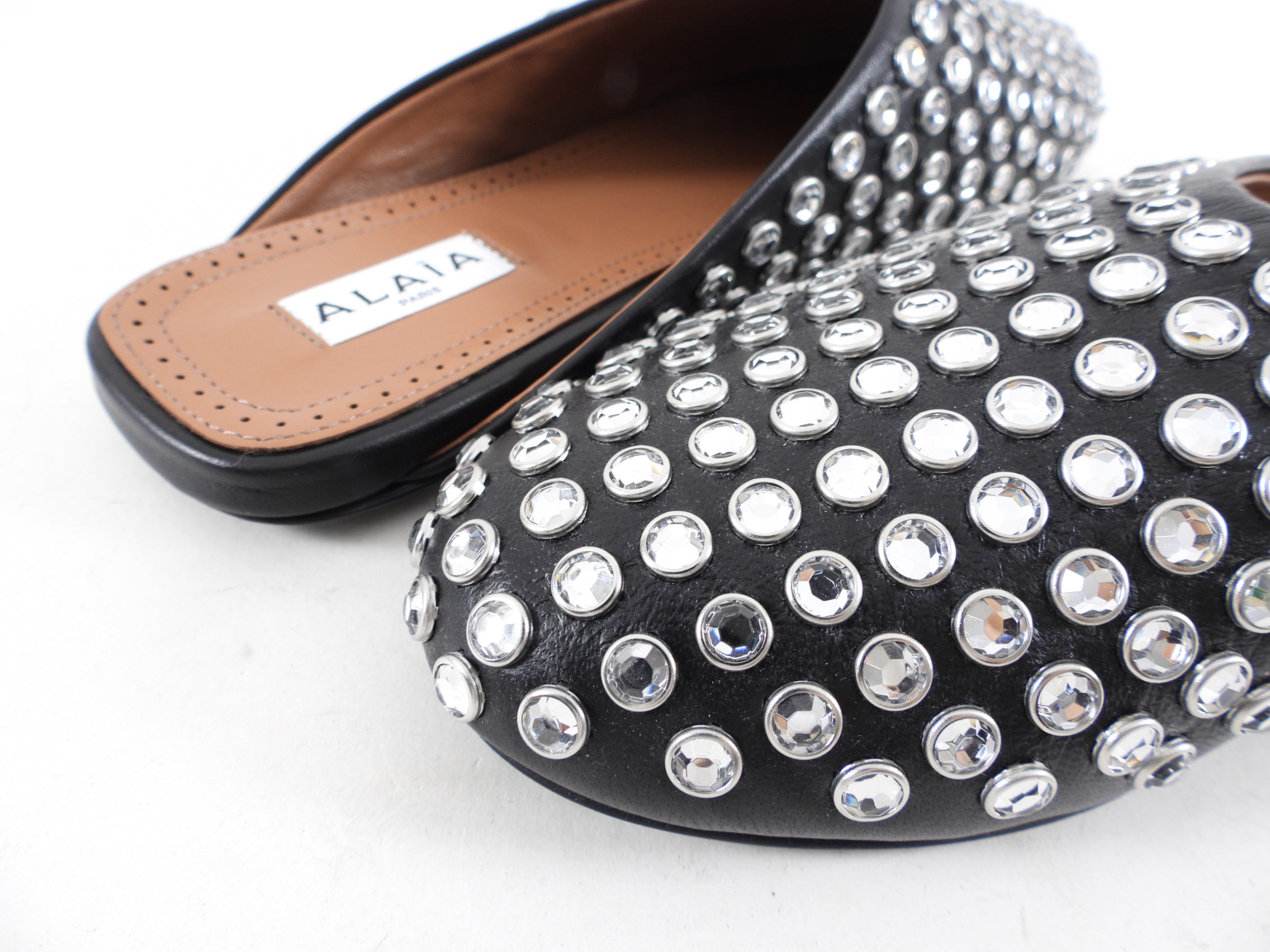 Alaia Black Leather Crystal Stud Flat Mules - Women's Size 37 | Comfortable Slip-On Shoes for Casual Outings & Office Wear