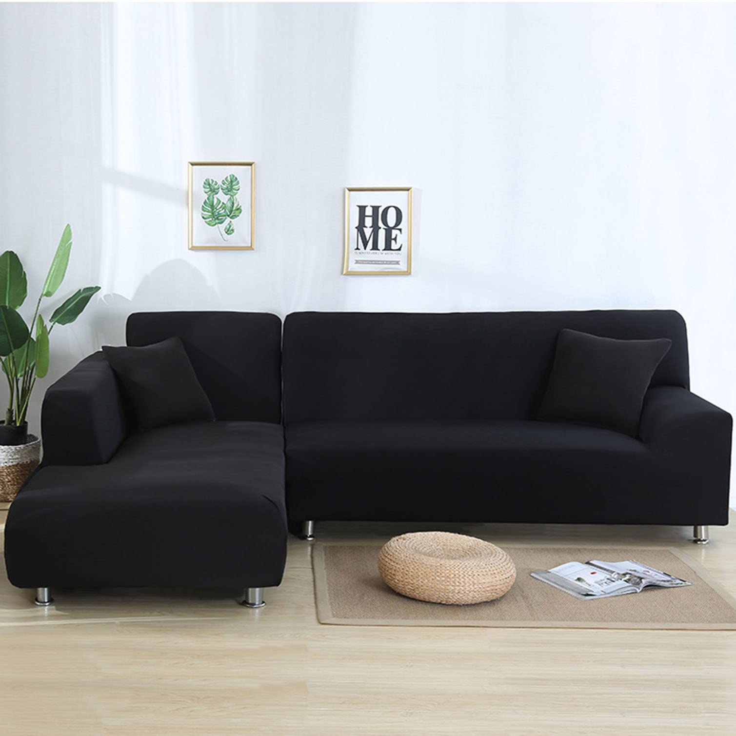 YOPOIY Non-Slip Milk Silk Sofa Slipcovers - Soft Modern L-Shaped Sectional Couch Covers, Solid Color Furniture Protector for Living Room (Black, 3+4 Seater) | Perfect for Home Decor, Pet Protection & Daily Comfort