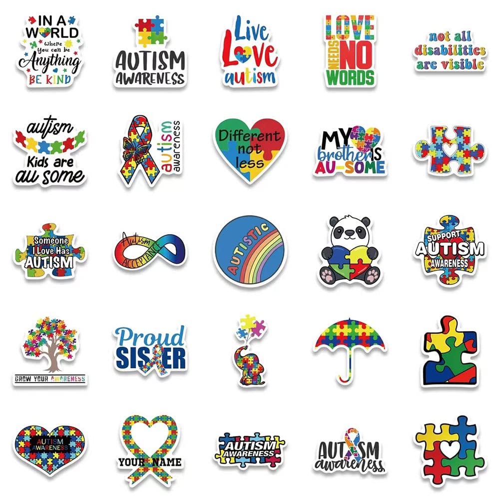 50 Pcs Autism Awareness Stickers - Waterproof Vinyl Decals for Water Bottles, Laptop, Luggage & More - Perfect for Autism Support, School, Office & Daily Use