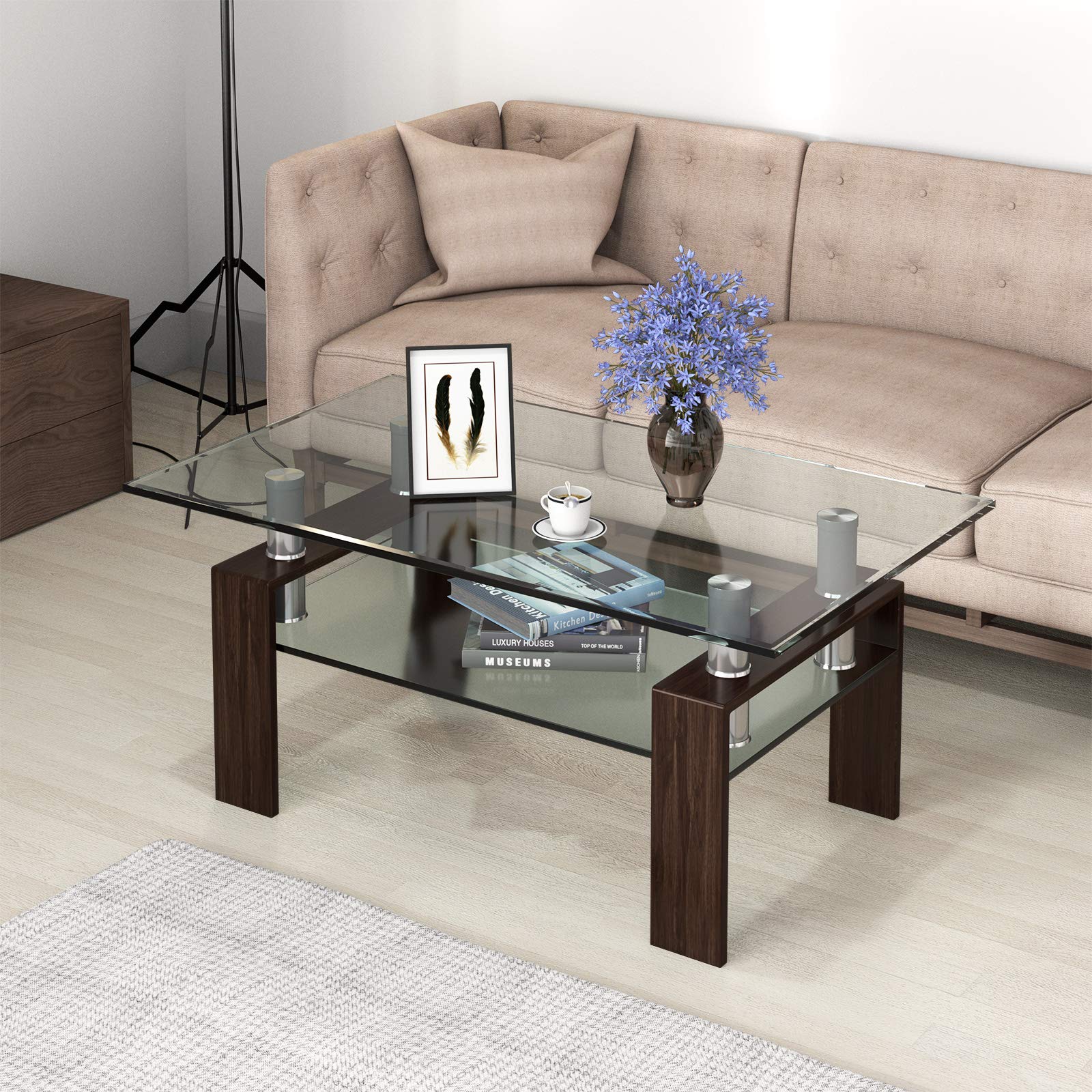 NAFORT Modern 2-Tier Glass Coffee Table with Metal Legs & Storage Shelf - Tempered Glass Top Rectangle Living Room Table for Tea, Books & Decor - Perfect for Small Spaces, Apartments & Contemporary Home Decor