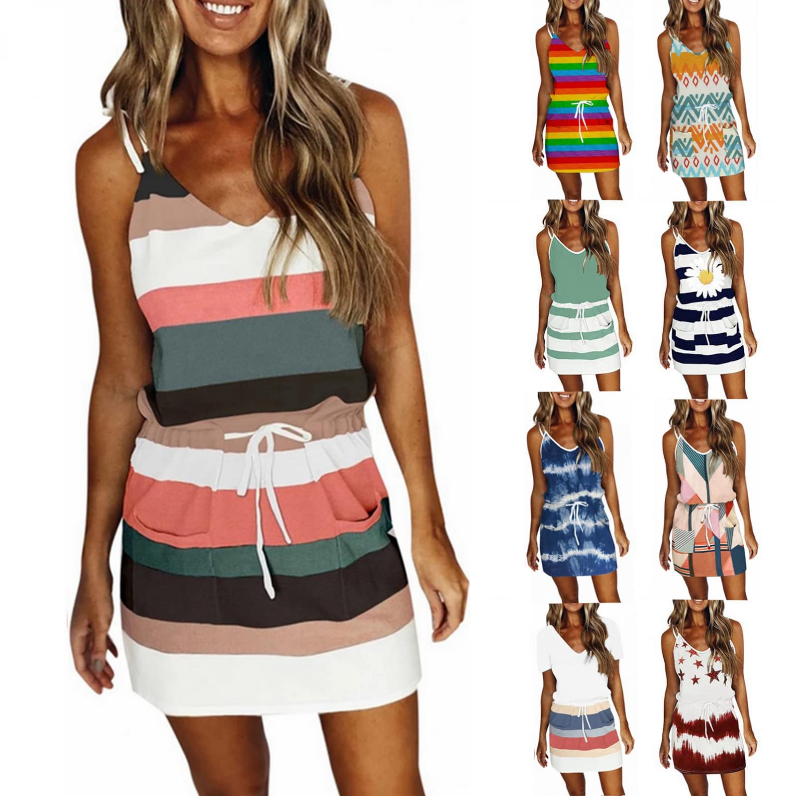 Fudule Women's Sexy V-Neck Spaghetti Strap Sleeveless Summer Dress with Drawstring & Pockets | Casual Beach Wear, Party Outfit, Vacation Dress