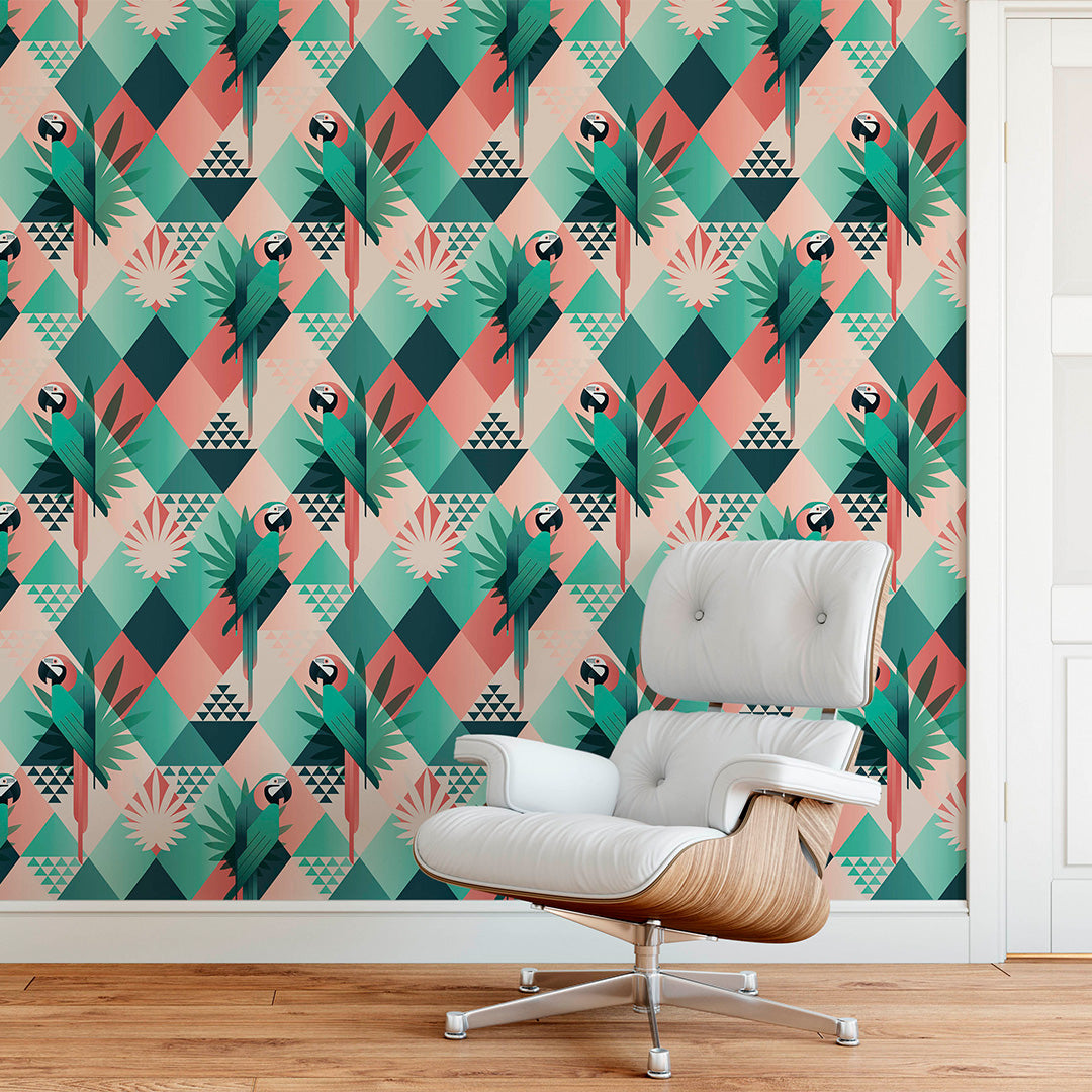 Exotic Palm Leaves & Tropical Parrots Wallpaper CC170 - Vibrant Botanical & Bird Design for Living Room, Bedroom, or Office Decor
