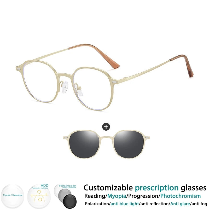 CCspace Women's Full Rim Round Alloy Eyeglasses with Clip-On Sunglasses - Stylish Prescription Glasses & UV Protection Shades for Work, Driving, and Outdoor Activities (Model 302078)