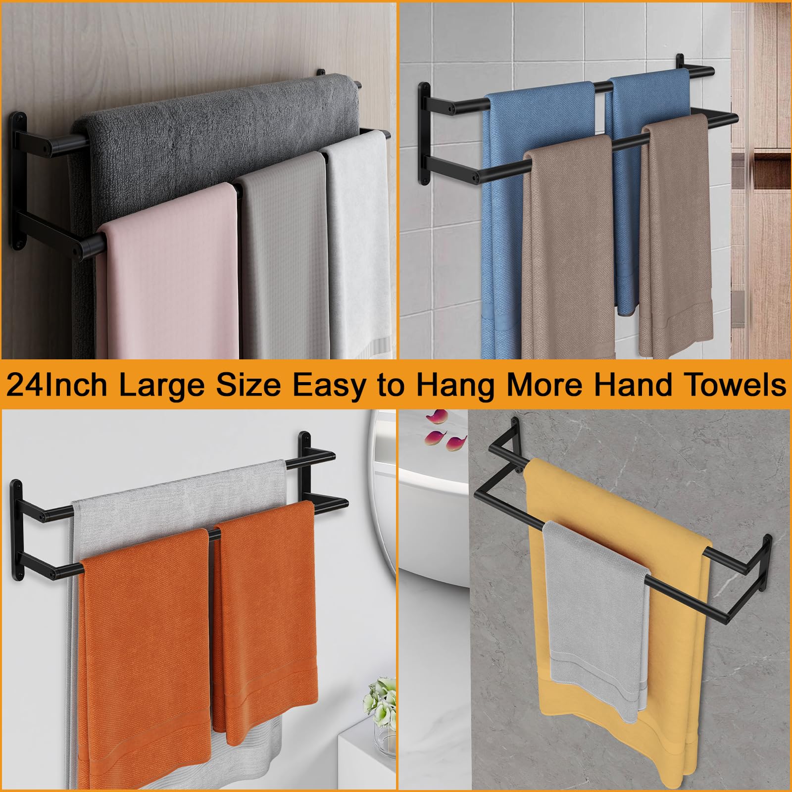 24 Inch Stainless Steel Double Towel Bar - Matte Black Wall Mounted Bathroom Towel Rack & Kitchen Towel Holder | Durable Towel Rod for Bath, Spa, and Home Organization