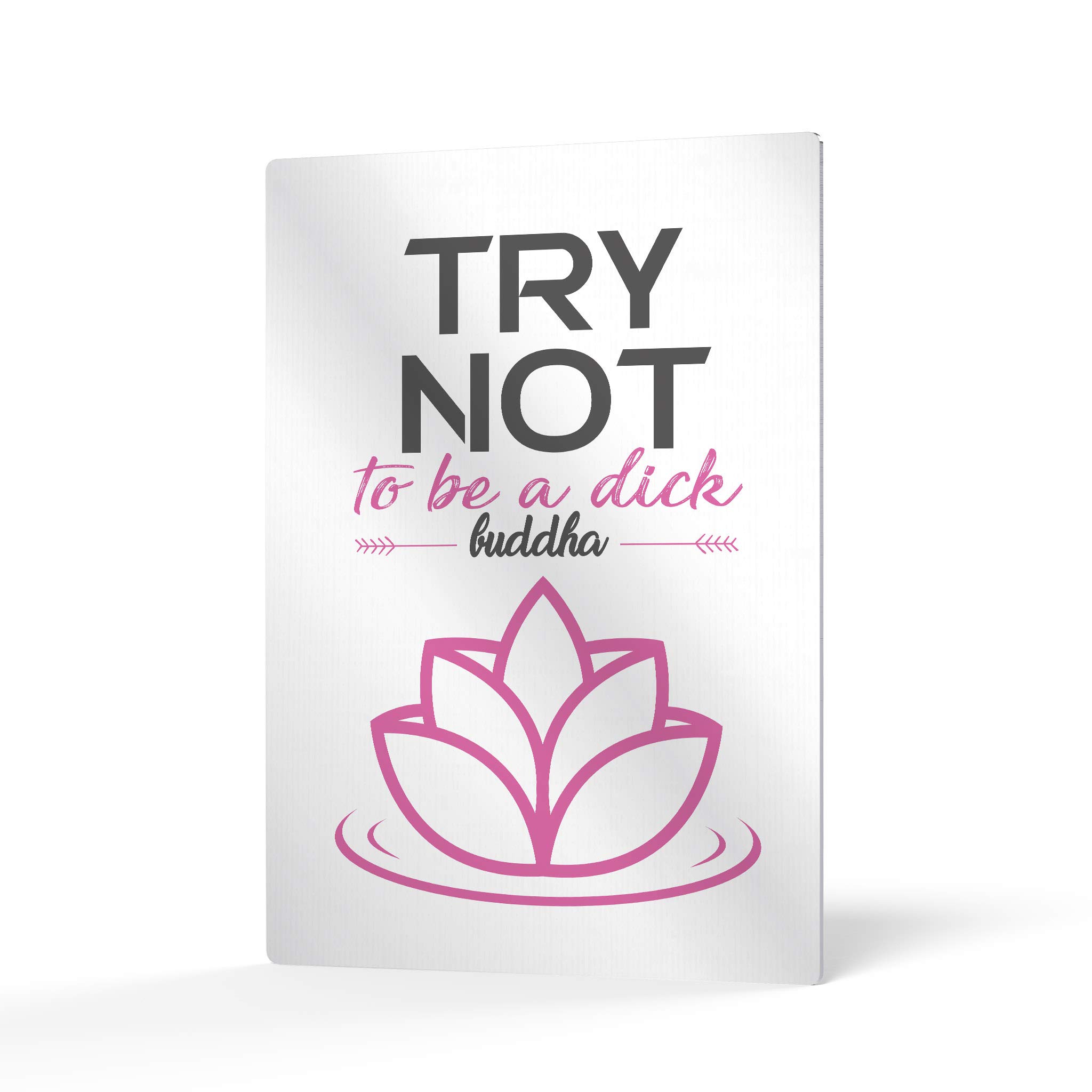 HB Art Design Funny Buddha Quote Metal Print - 'Try Not to Be a Dick' Wall Art for Bathroom Decor (12x8 Inches, Pink) | Ready to Hang Toilet Sign & Unique Bathroom Accessories Gift Idea for Home, Office or Spa Humor