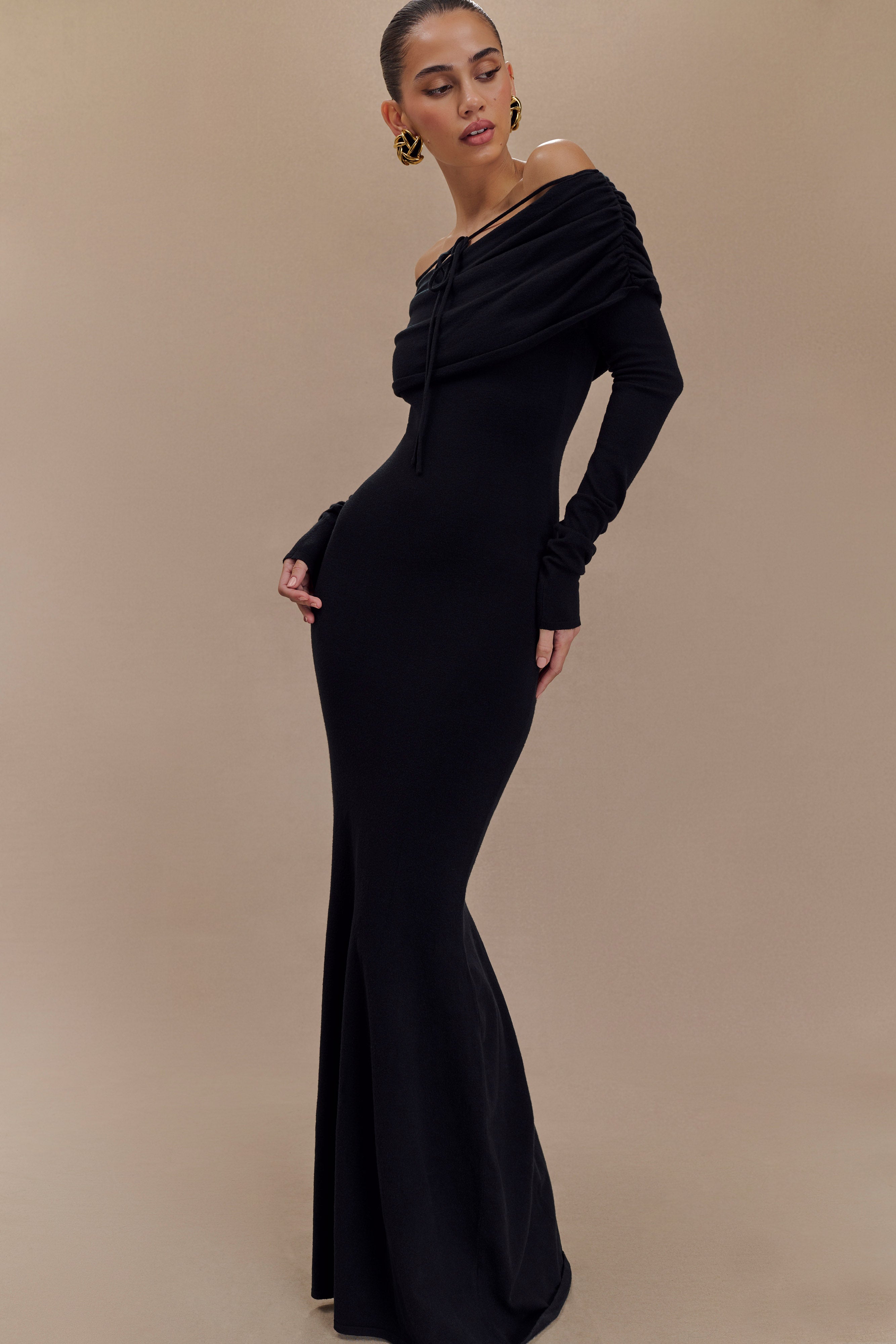 Georgiana Off Shoulder Knit Midi Dress for Women - Elegant Black Stretchable Bodycon Dress for Date Night, Party & Special Occasions