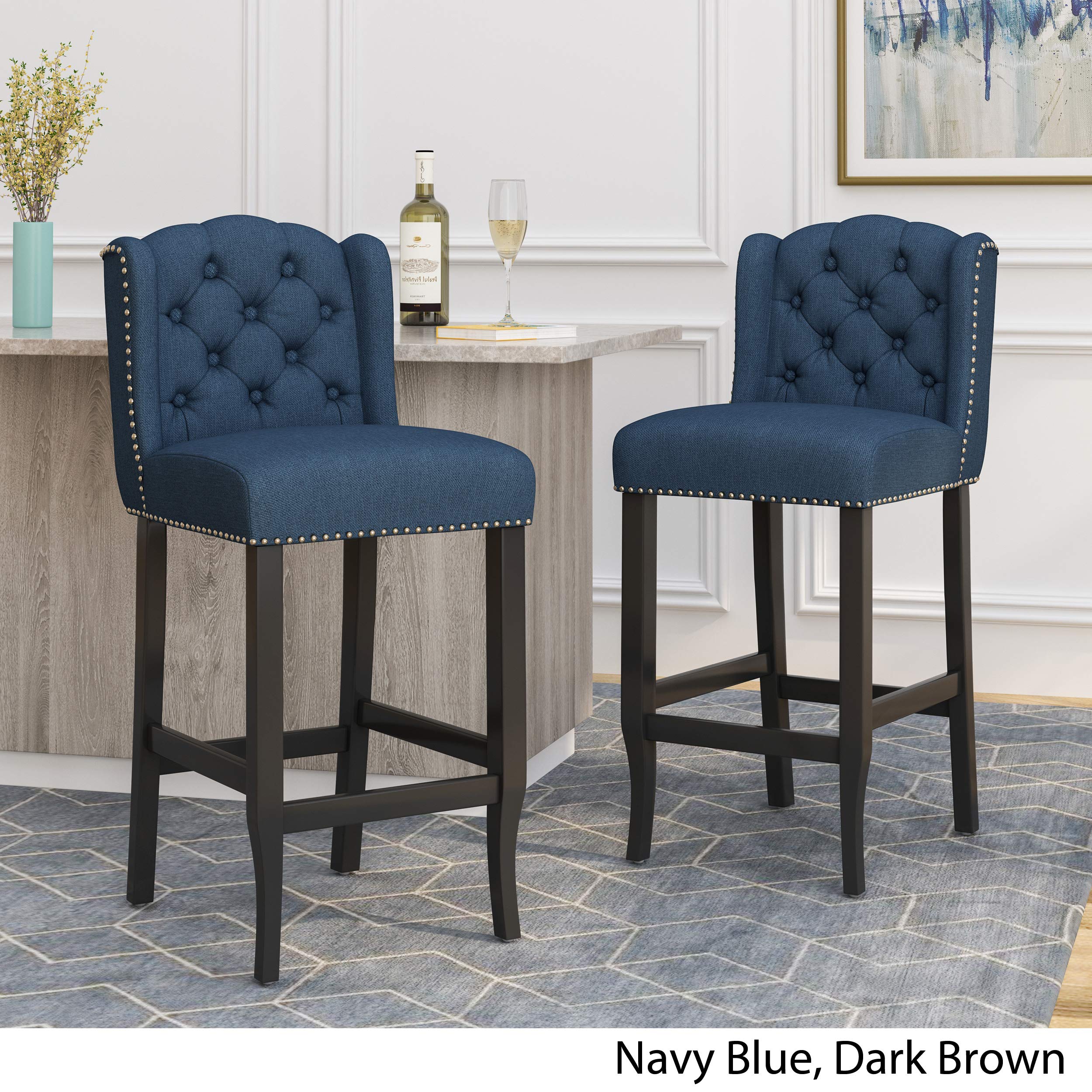 GDFStudio Rubberwood Barstool - Navy Blue & Dark Brown Bar Height Stool for Kitchen Island, Breakfast Nook & Home Bar - Solid Wood Counter Stool with Back Support
