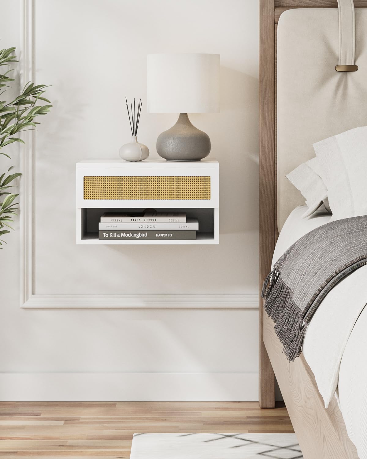 Modern White Rattan Nightstand with Drawer & Floating Shelves - Small Bedside Table for Bedroom, Bathroom, Living Room | Perfect for Storage & Home Decor