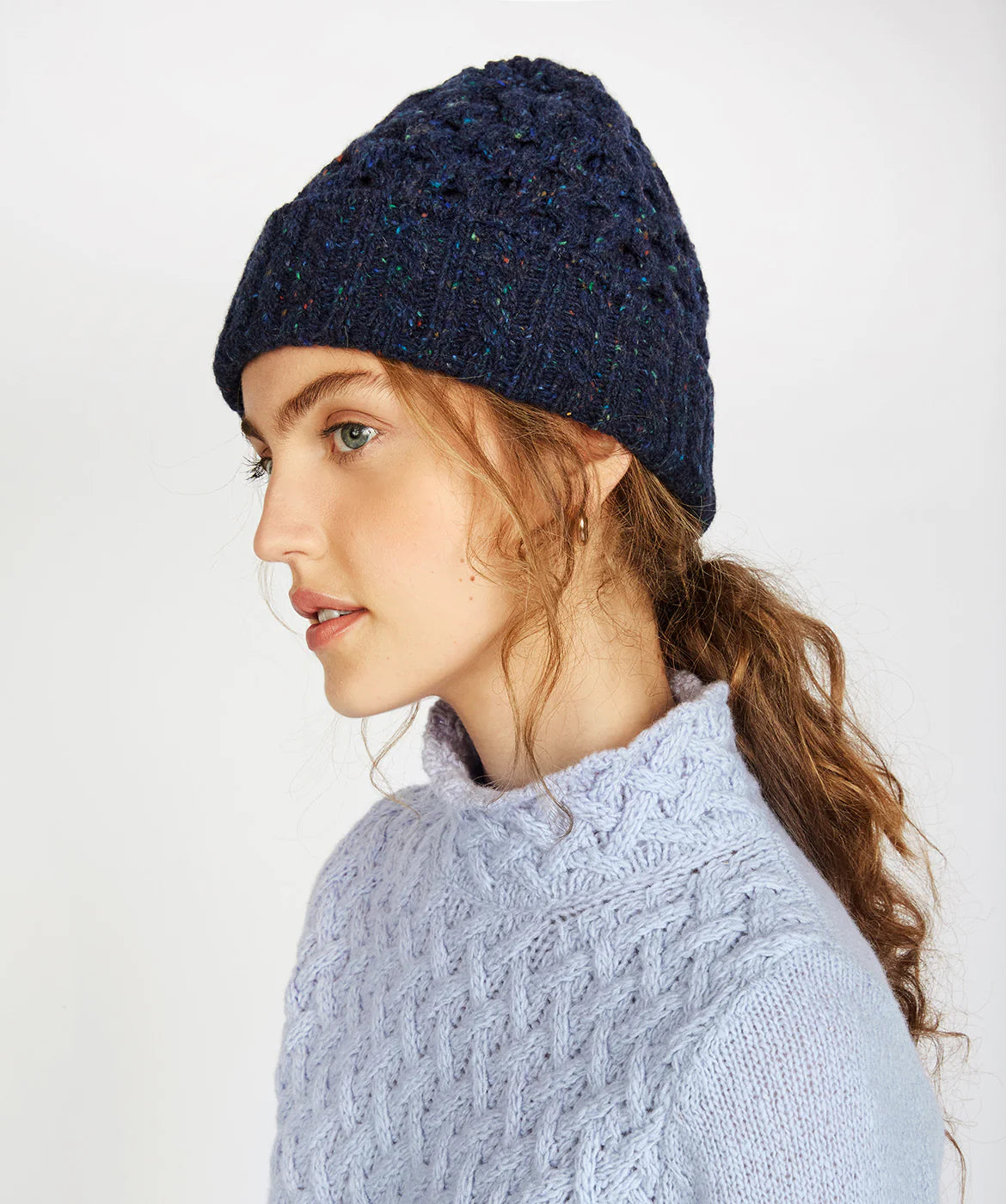 Ireland's Eye Luxe Aran Knit Hat for Women - Premium Wool Winter Beanie in Rich Navy - Perfect for Cold Weather & Outdoor Activities