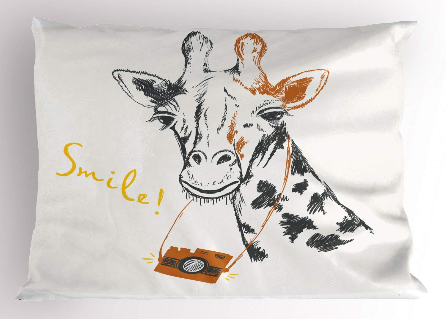 Ambesonne Camera Themed Pillow Sham - Giraffe & Photo Machine Savannah Design, Hipster Joyful Memories Printed Decorative Pillowcase, Standard Size 36x20 Inches, Amber White Grey - Perfect for Living Room, Bedroom Decor & Photography Enthusiast Gifts
