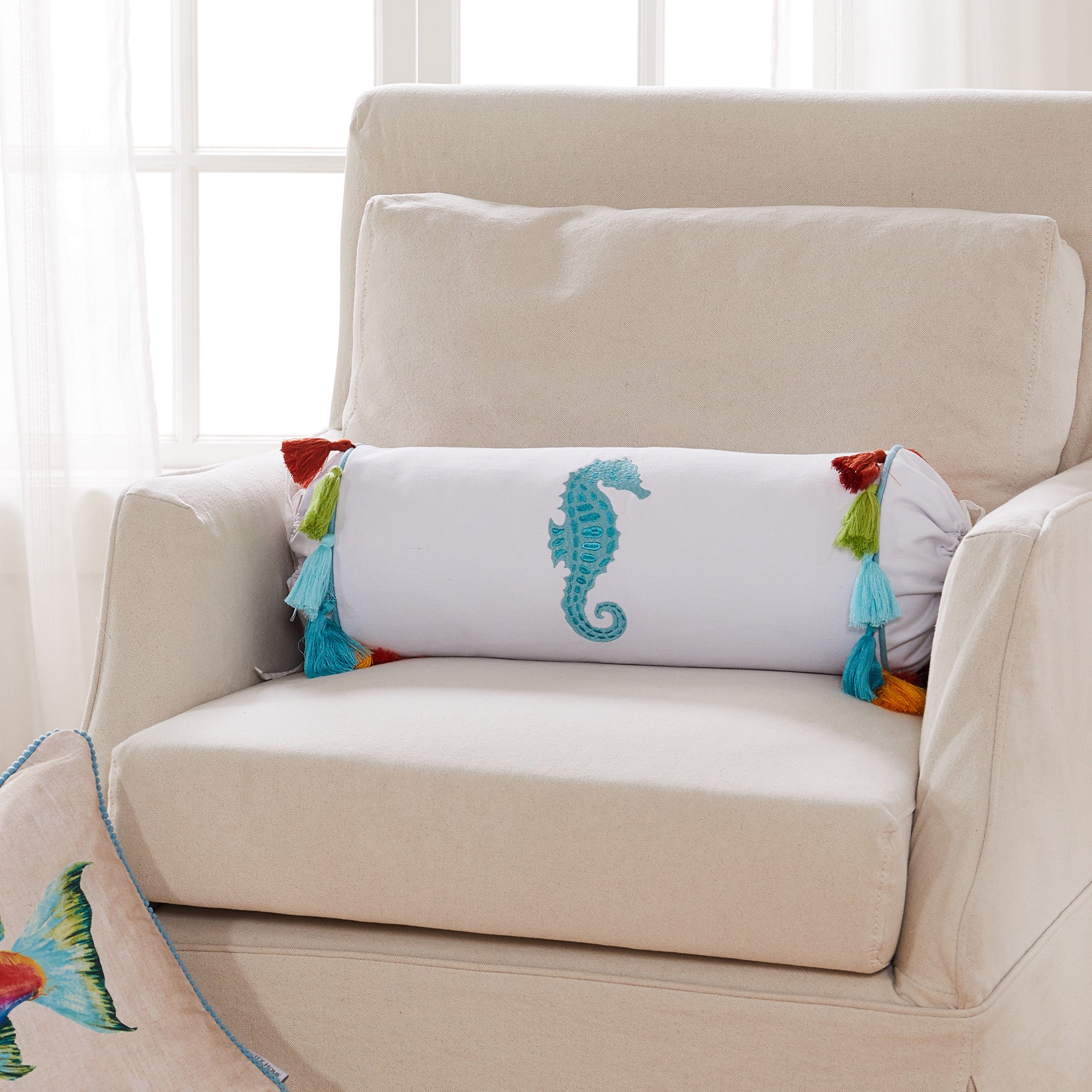 Seahorse Embroidered Neck Roll Pillow for Travel & Office - Comfortable Cervical Support Pillow with Memory Foam, Home & Car Use