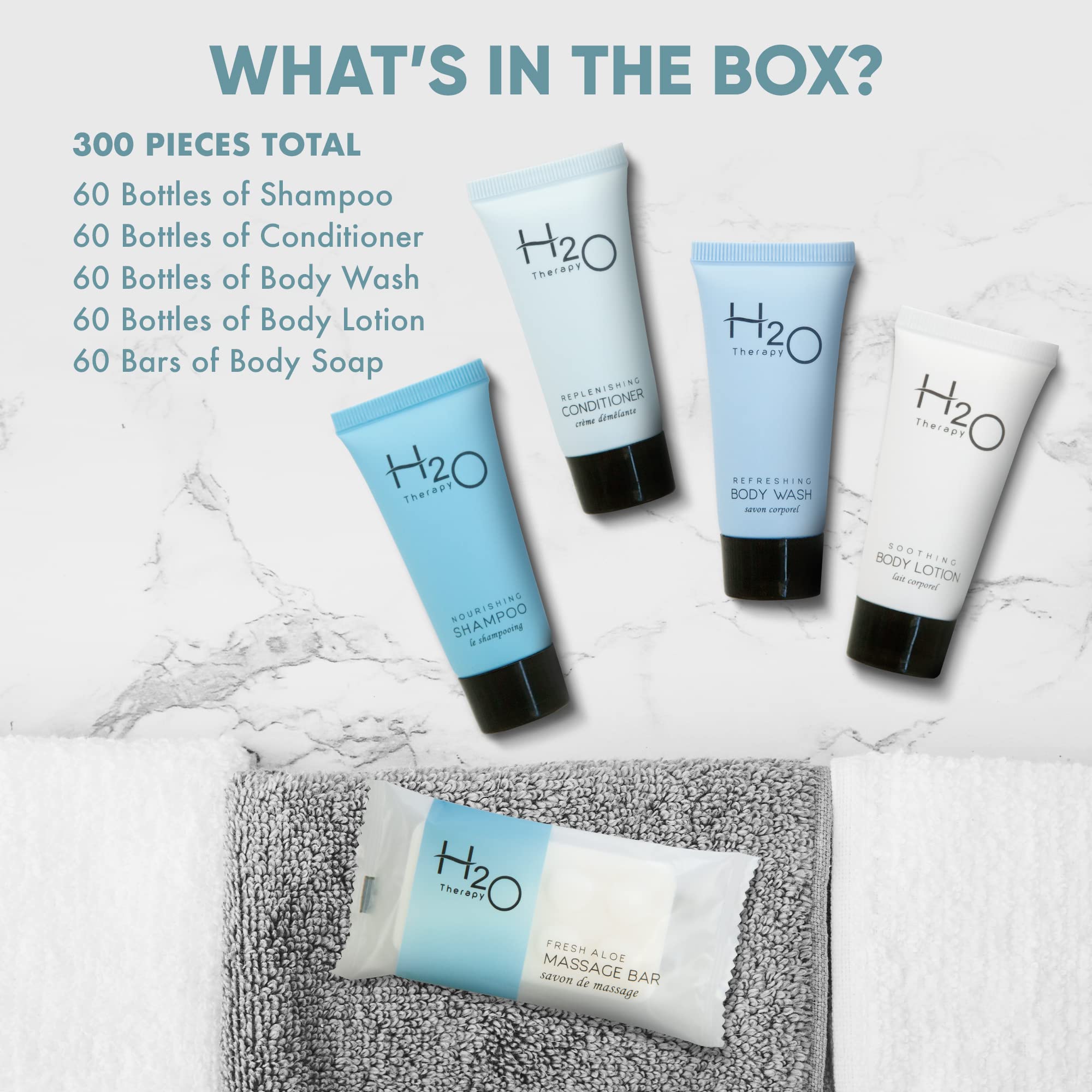 H2O Therapy Hotel Soaps & Toiletries Bulk Set - 300 Pieces Travel Size Amenities Kit with 0.85oz Shampoo, Conditioner, Body Wash, Lotion & 1oz Bar Soap | Perfect for Hotels, Spas, Travelers & Hospitality Businesses