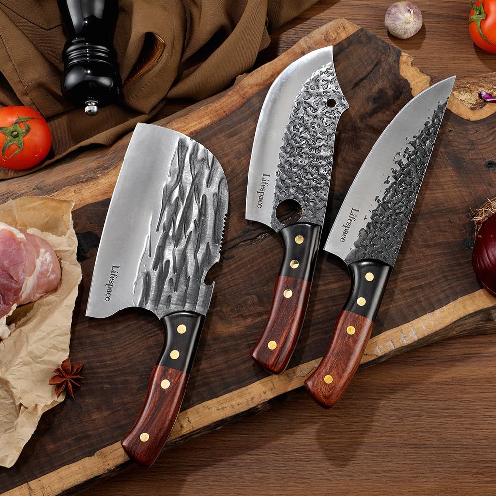 Premium 3-Piece Chef Cleaver Knife Set with Genuine Leather Sheaths - Professional Kitchen Knives for Meat, Vegetables & Herbs - Perfect Gift for Chefs & Cooking Enthusiasts