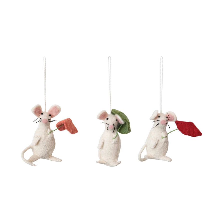 Handmade Wool Felt Mouse Ornament with Umbrella - Christmas Tree Decoration, Holiday Home Decor, Gift for Collectors & Animal Lovers