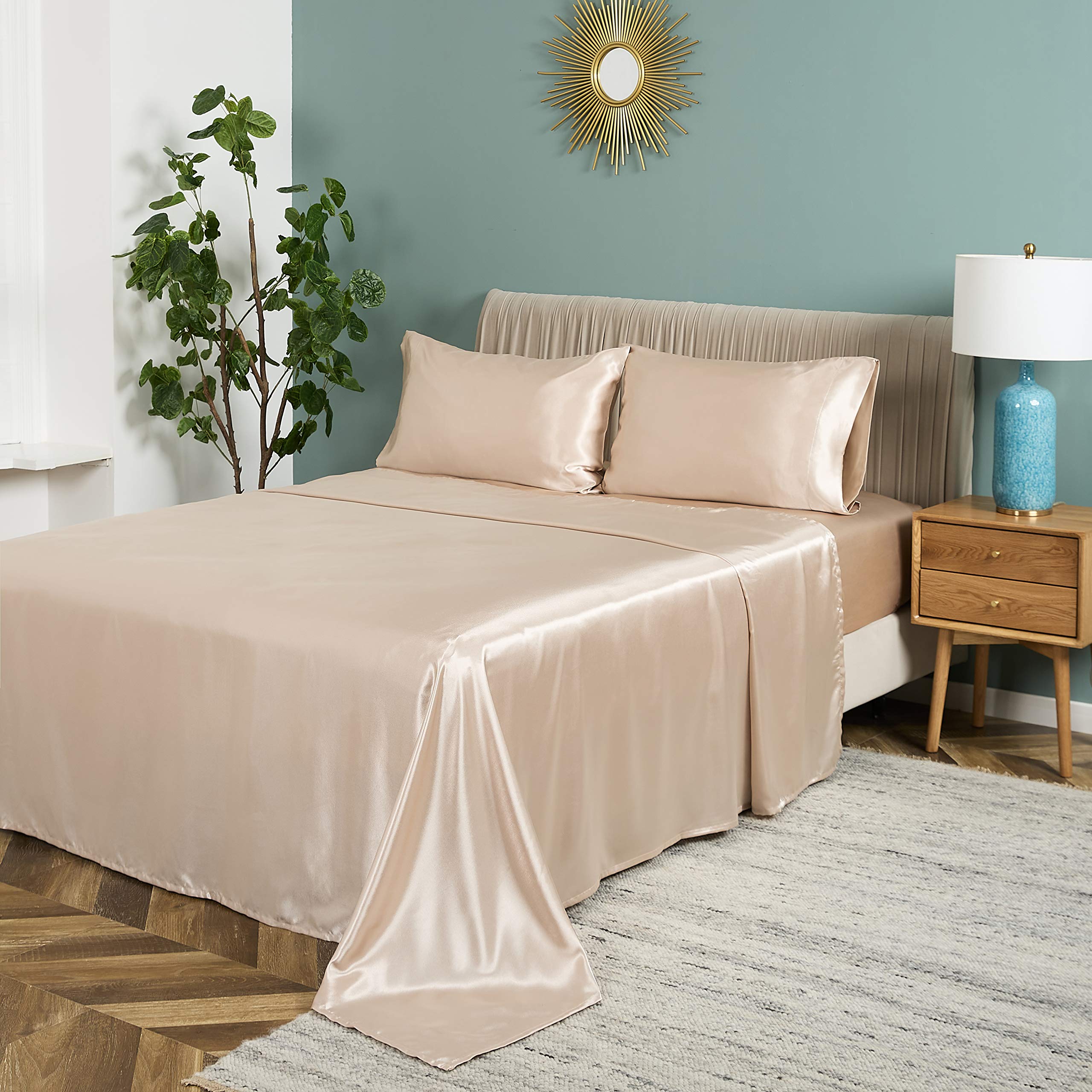 Premium Sakura Satin Bedding Set - 4 Piece Soft Silky Solid King Sheets with 1 Fitted Sheet, 1 Flat Sheet & 2 Pillowcases (Taupe) - Luxury Bedroom Decor for Master Suite, Guest Room & Hotel Style Comfort