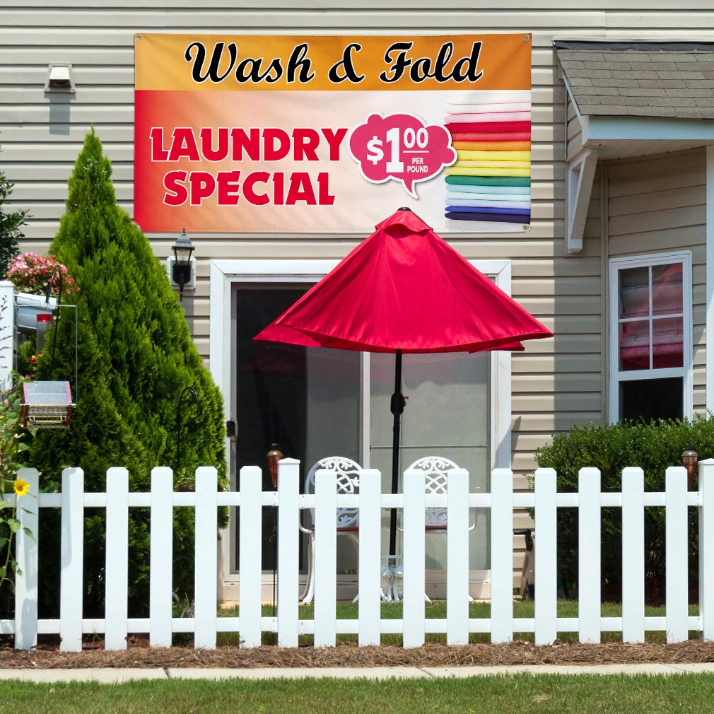 Wash & Fold Laundry Business Vinyl Banner - Weatherproof Outdoor Yard Sign with 8 Grommets (48x96 Inches) - Multiple Sizes Available for Commercial & Industrial Use - Perfect for Laundry Services, Dry Cleaners & Retail Promotions