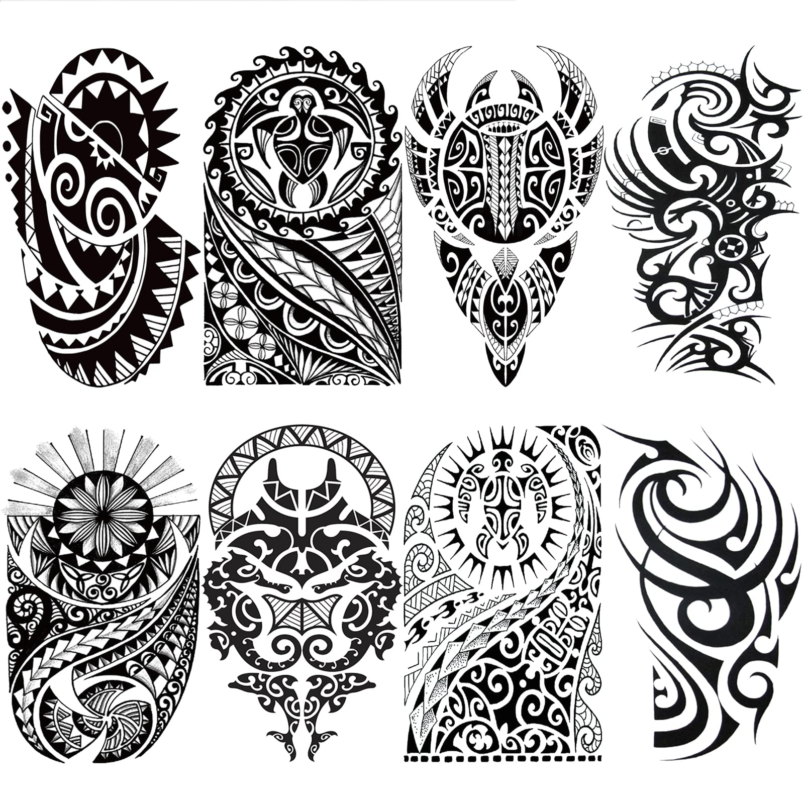 Authentic Polynesian Tribal Totem Temporary Tattoos for Men - Large Black Hawaiian Turtle Design, Long Lasting Realistic Body Art Stickers (8 Sheets) - Perfect for Costume Parties, Festivals, and Cultural Events
