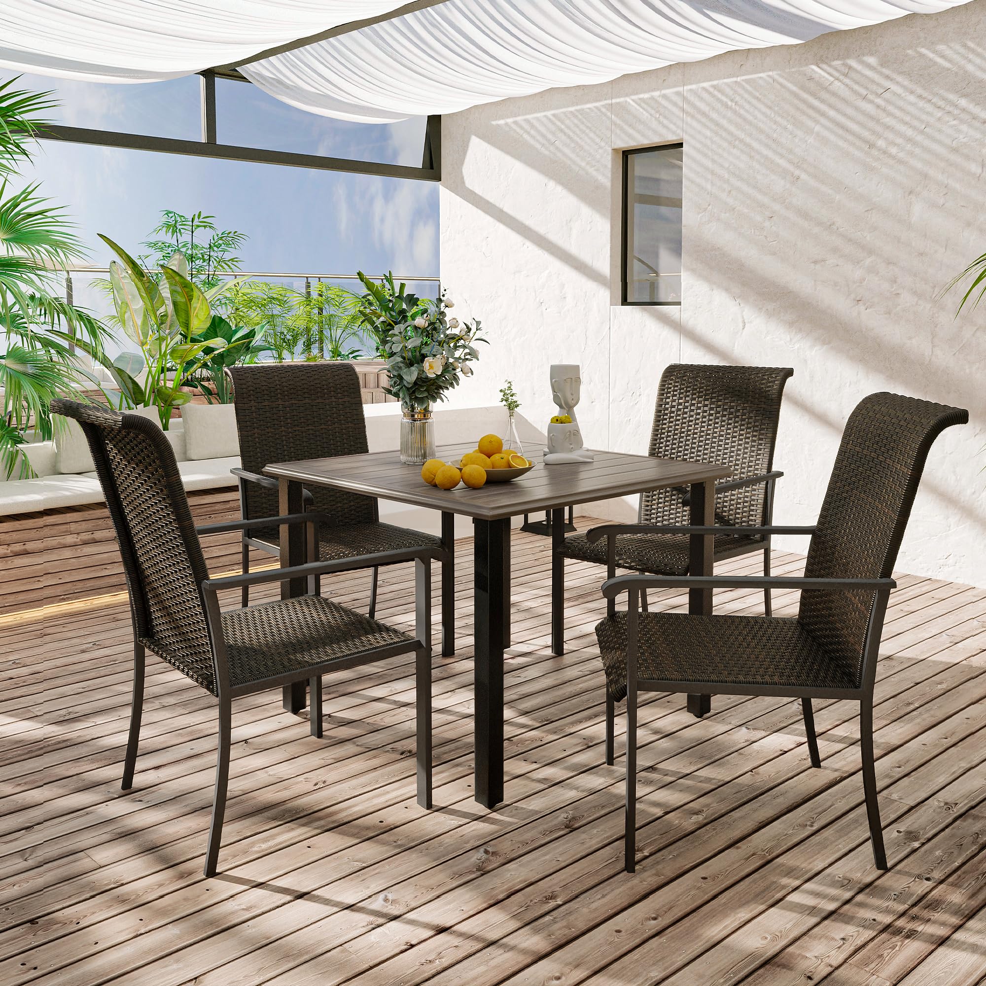 VICLLAX 2-Piece High Back Outdoor Rattan Dining Chairs Set with Armrests - Tightly Woven Wicker Patio Chairs in Grey Frame - Perfect for Backyard, Garden, and Poolside Dining