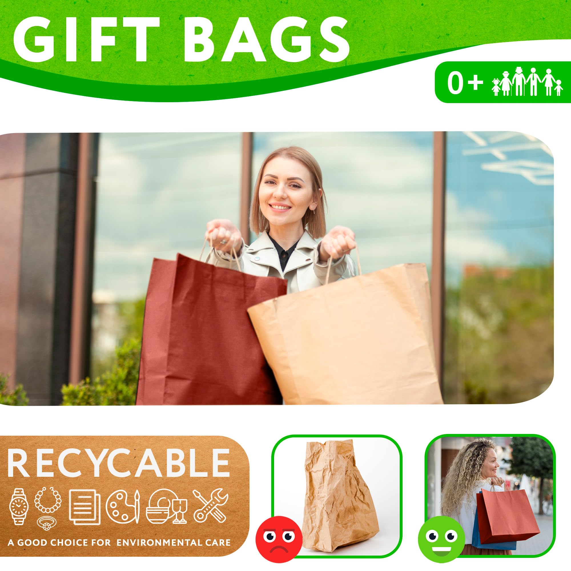Eco-Friendly Kraft Paper Gift Bags with Handles - 16x6x12 Inch (25 Pack) - 150 GSM Recyclable Christmas Shopping Bags | Perfect for Holiday Gift Wrapping, Retail Packaging & Party Favors