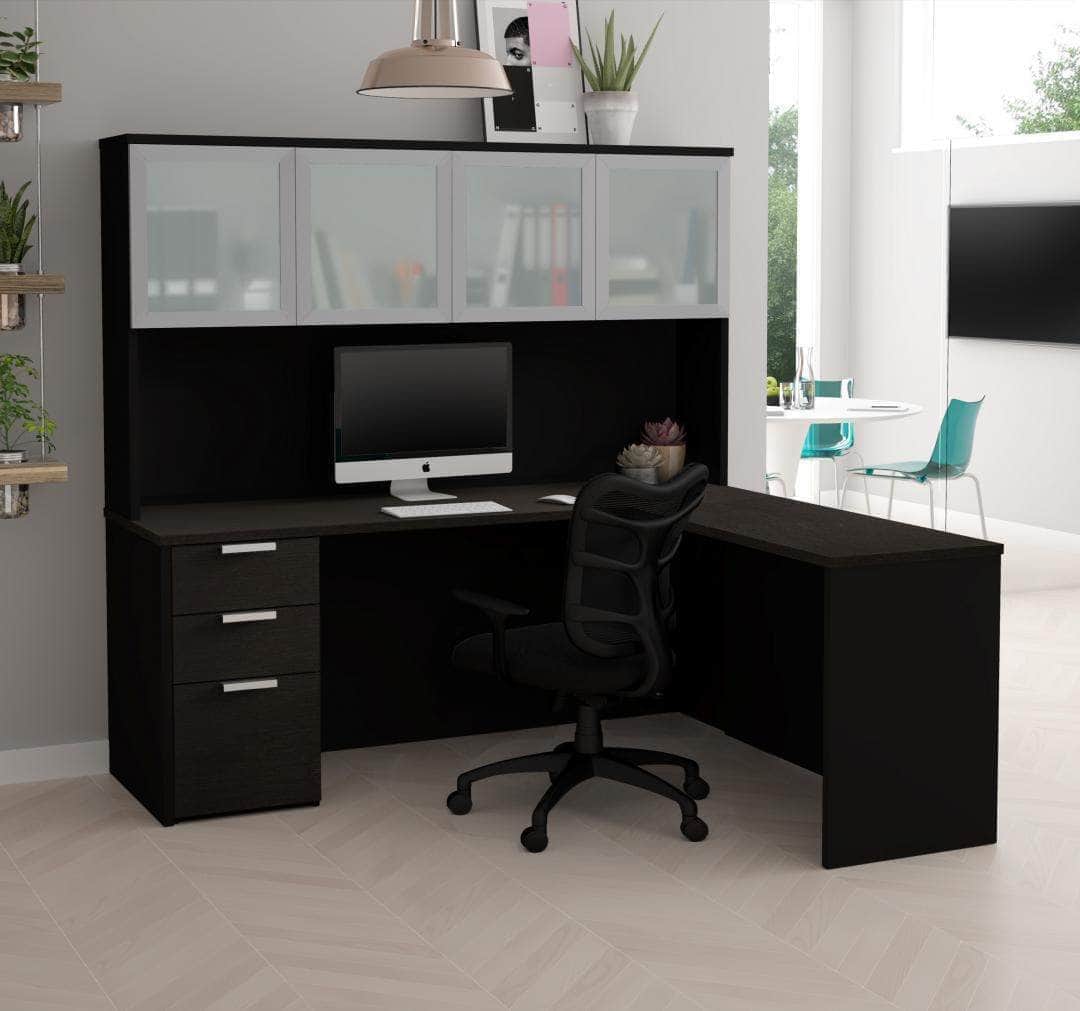 Pro Concept Plus L-Shaped Desk with Pedestal & Frosted Glass Door Hutch - 2 Color Options | Home Office & Gaming Workstation