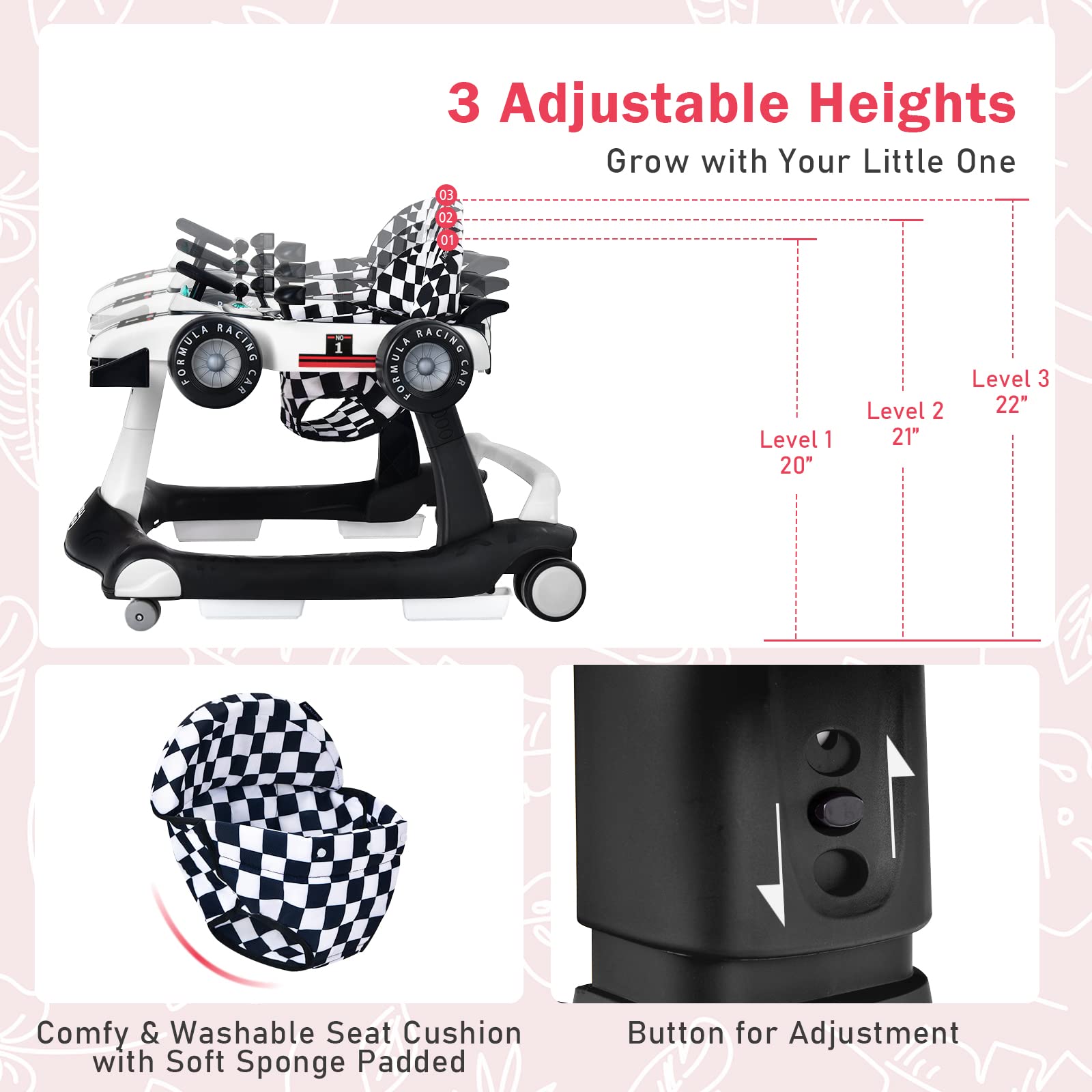 BABY JOY 4-in-1 Foldable Baby Walker with Adjustable Height & Speed - Musical Light-Up Activity Walker with Anti-Rollover Safety Wheels for Toddlers 6-18 Months (White) | Perfect for Learning to Walk, Indoor Play & First Birthday Gifts for Boys & Girls