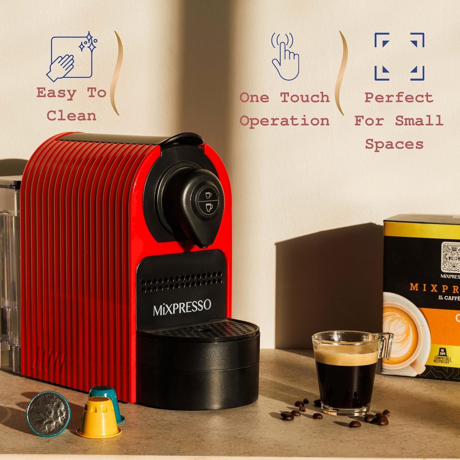Mixpresso Espresso Machine for Nespresso Compatible Capsules - 19 Bar Italian Coffee Maker with Programmable Single Serve & High Pressure Pump (1400W, 27oz, Red) - Perfect for Home, Office, and Small Kitchen Use