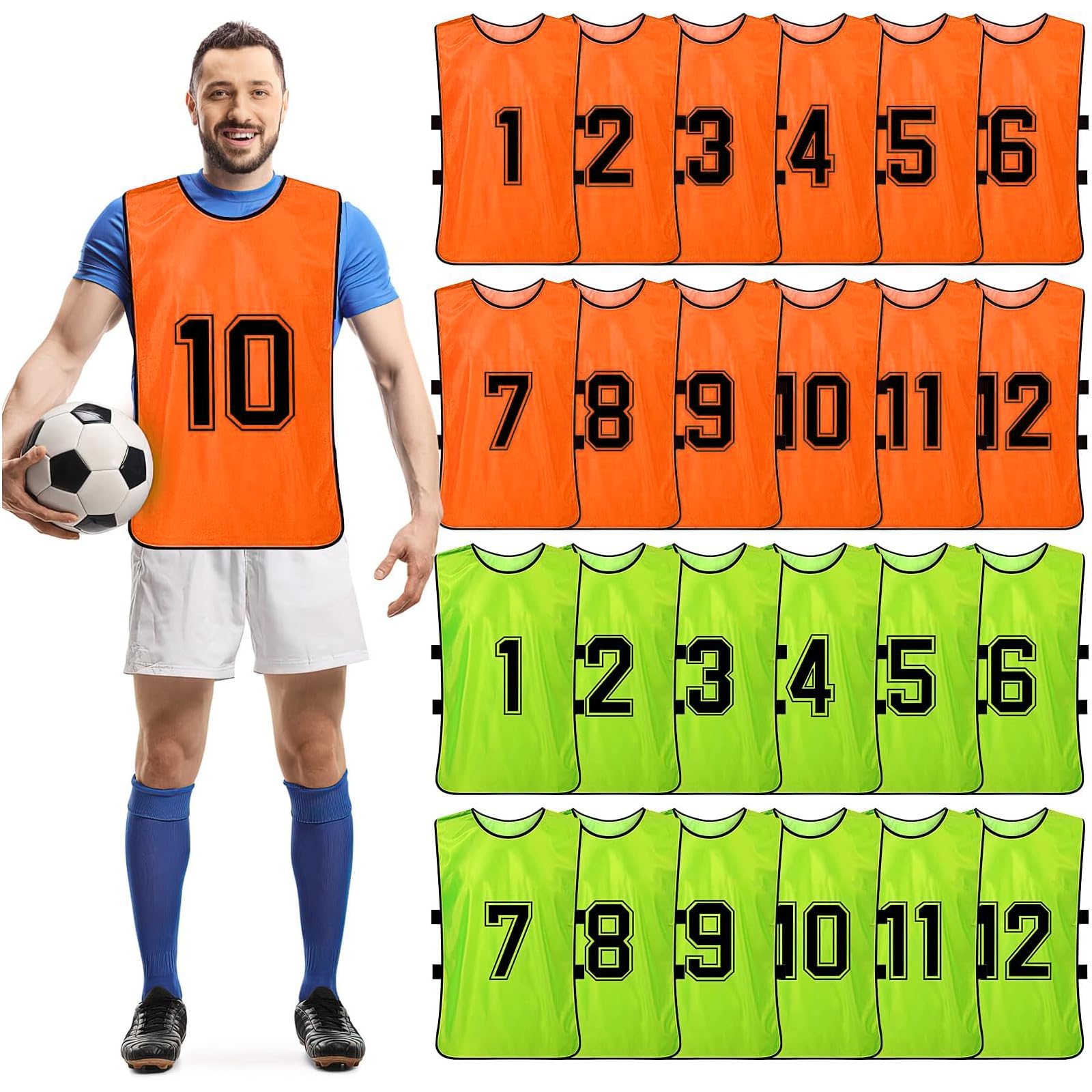 24 Pcs Reversible Scrimmage Vests for Soccer, Basketball & Football - Numbered Training Bibs/Pinnies for Team Sports Practice, Games & PE Classes