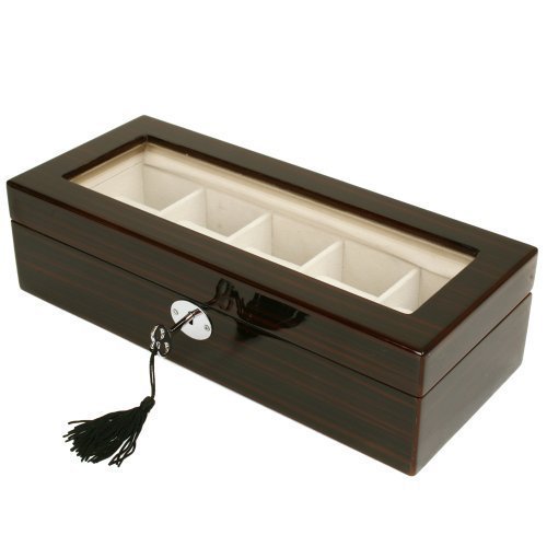 Luxury Wooden Watch Box with 5 Slots - Distressed Wood Grain, Black Brown Finish, Glass Window & Lock Key - Perfect for Watch Storage & Display in Bedroom, Office, or Travel