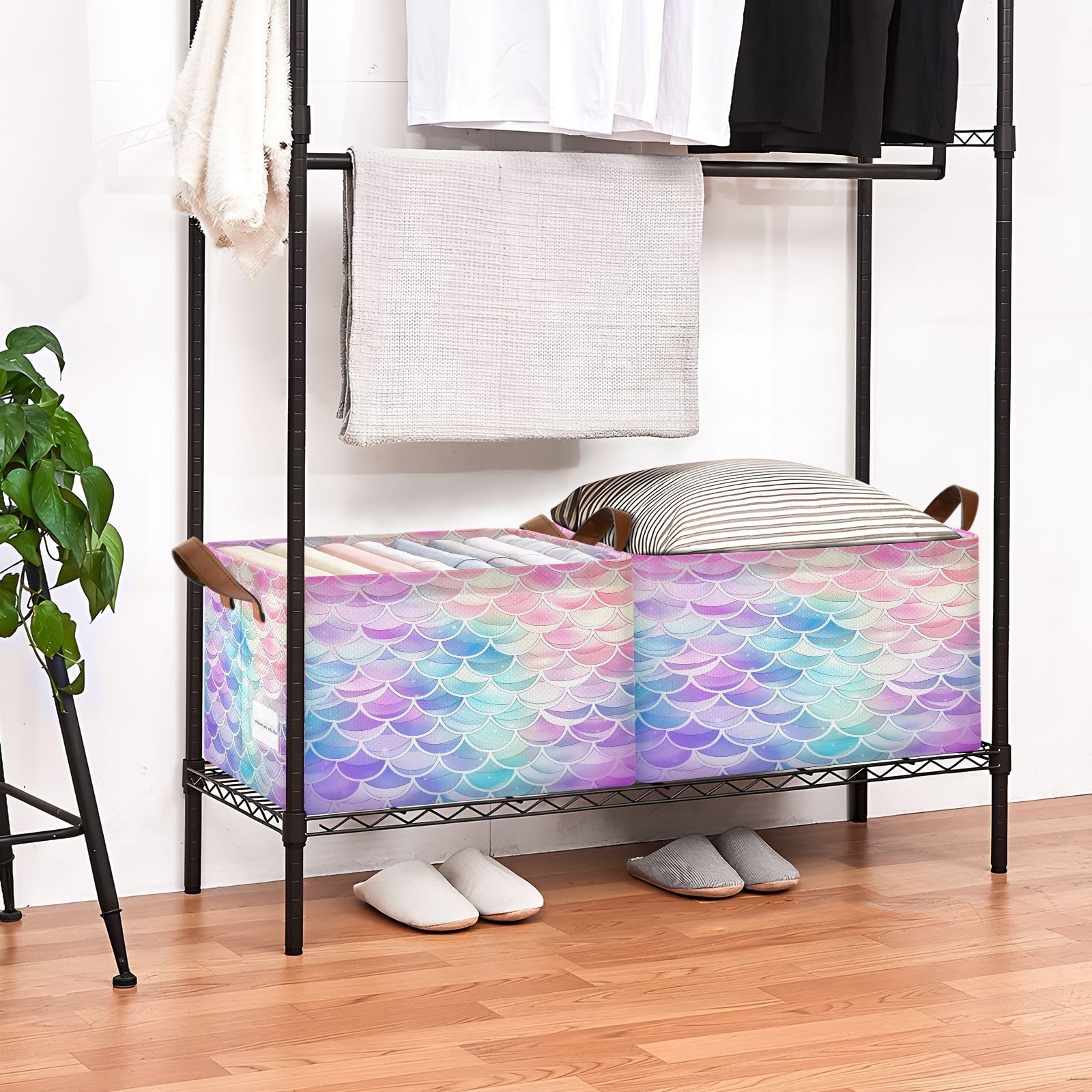 Rainbow Mermaid Foldable Storage Baskets for Shelves - 2 Pack Collapsible Sturdy Storage Bins with Handles, Closet Organizer Cubes for Bedroom, Bathroom & Kids Room Organization