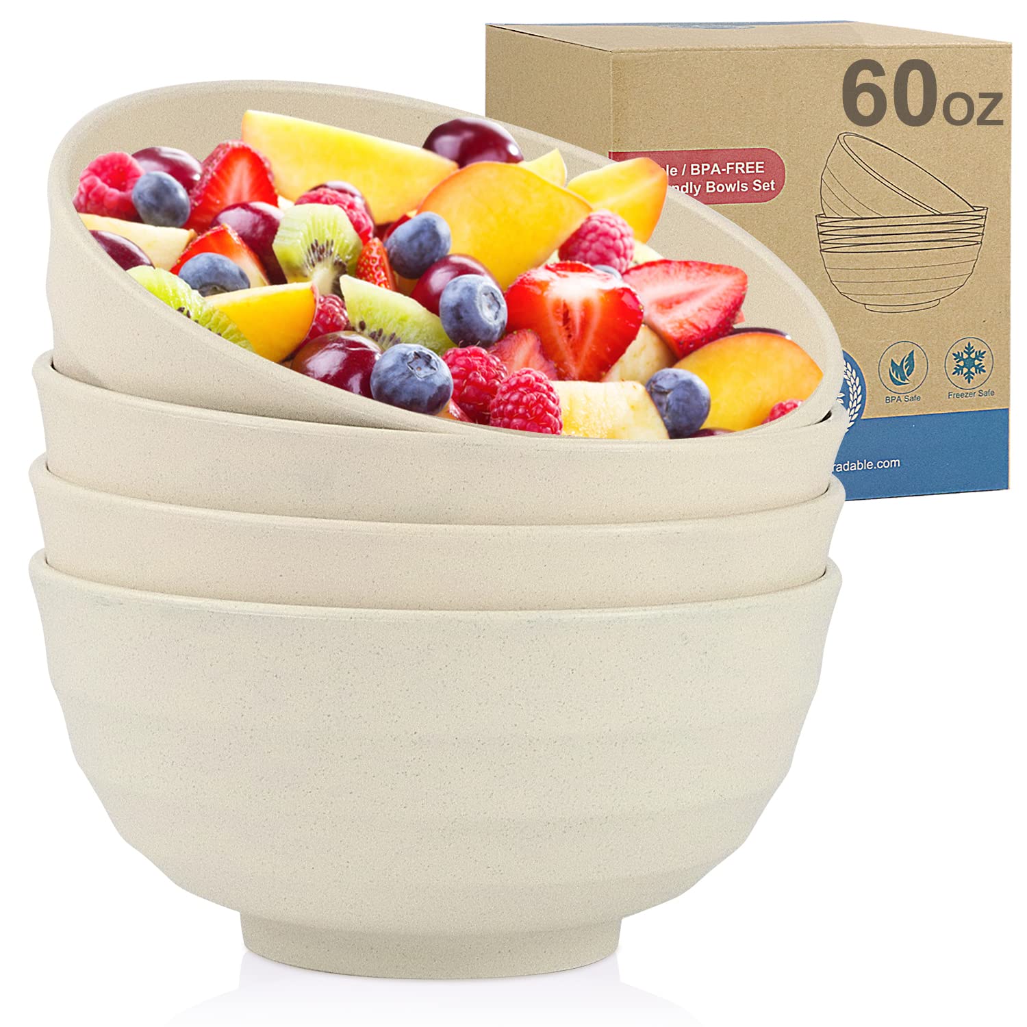 4-Piece Wheat Straw Bowl Set - 60oz Unbreakable, BPA-Free Cereal Bowls - Microwave & Dishwasher Safe - Perfect for Soup, Oatmeal, Salad - Ideal for Family Dinners, Picnics & Outdoor Camping