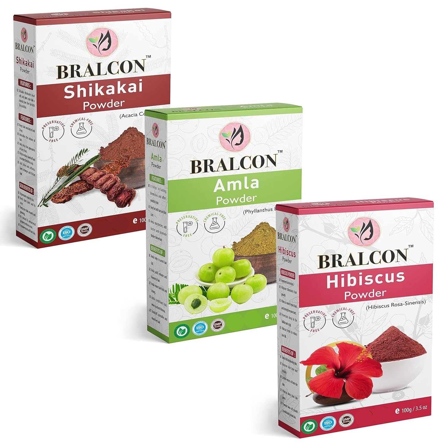 BRALCON Organic Amla, Hibiscus, Shikakai Powder Combo - 300g (100g x 3 Pack) | Natural Hair Growth Treatment, Scalp Cleanser & Conditioner | Herbal Face & Skin Care Powder | DIY Hair Masks & Beauty Routines