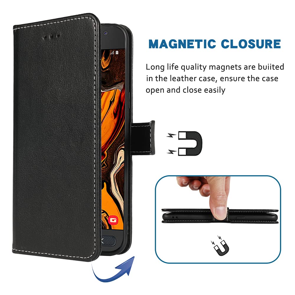 Samsung Galaxy Xcover 4 Wallet Case with Wrist Strap & Lanyard - Leather Flip Cover with Card Holder & Stand - Compatible with Galaxy Xcover 4/4S - Perfect for Work, Travel & Outdoor Activities (Black)